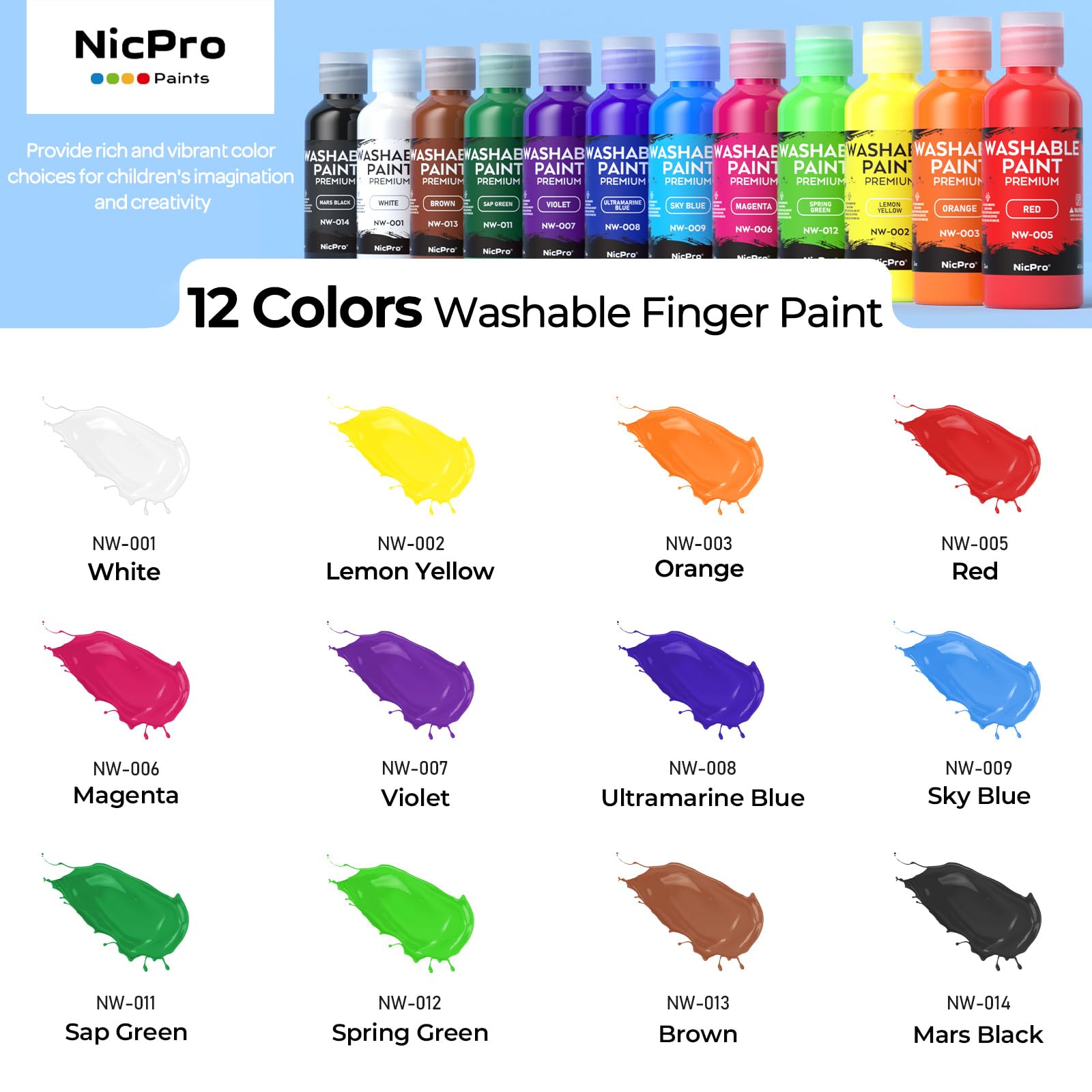 Nicpro Tempere Lavabili per Bambini 12 X 60 ml, colori a dita per bambini atossici, Pittura Per Le Dita Colori Intensi, Colori A Tempera Per Pittura per diy, Artigianato D'Arte, Halloween e Pasqua