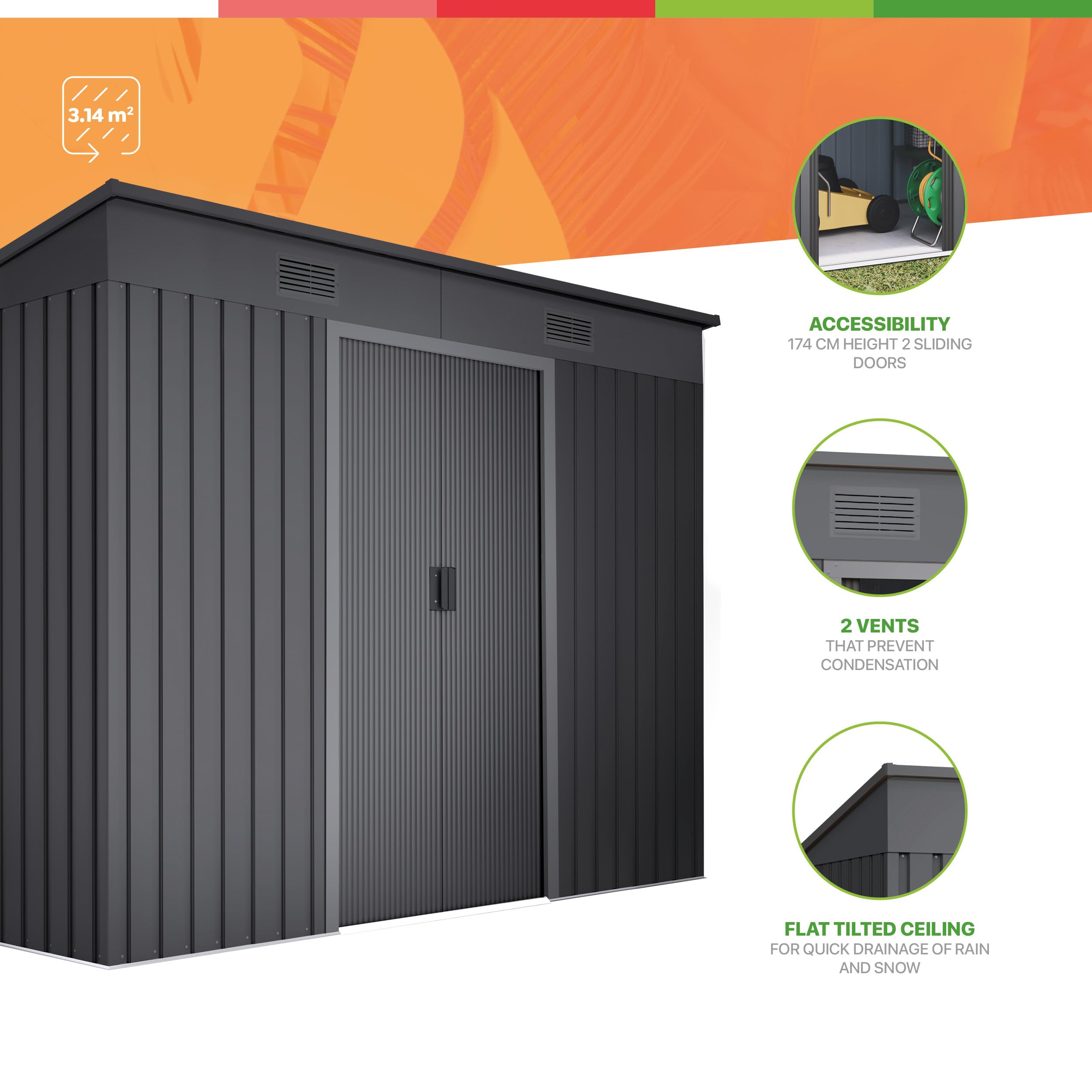 Wasabi - Gartenhaus Metall 3,14m2 Light Anthracite – 238x130x202cm - Doppelte Schiebetür - Lüftungsgitter – Flachdach - Geräteschuppen – Gerätehaus Outdoor Wetterfest - Anthrazitgrau