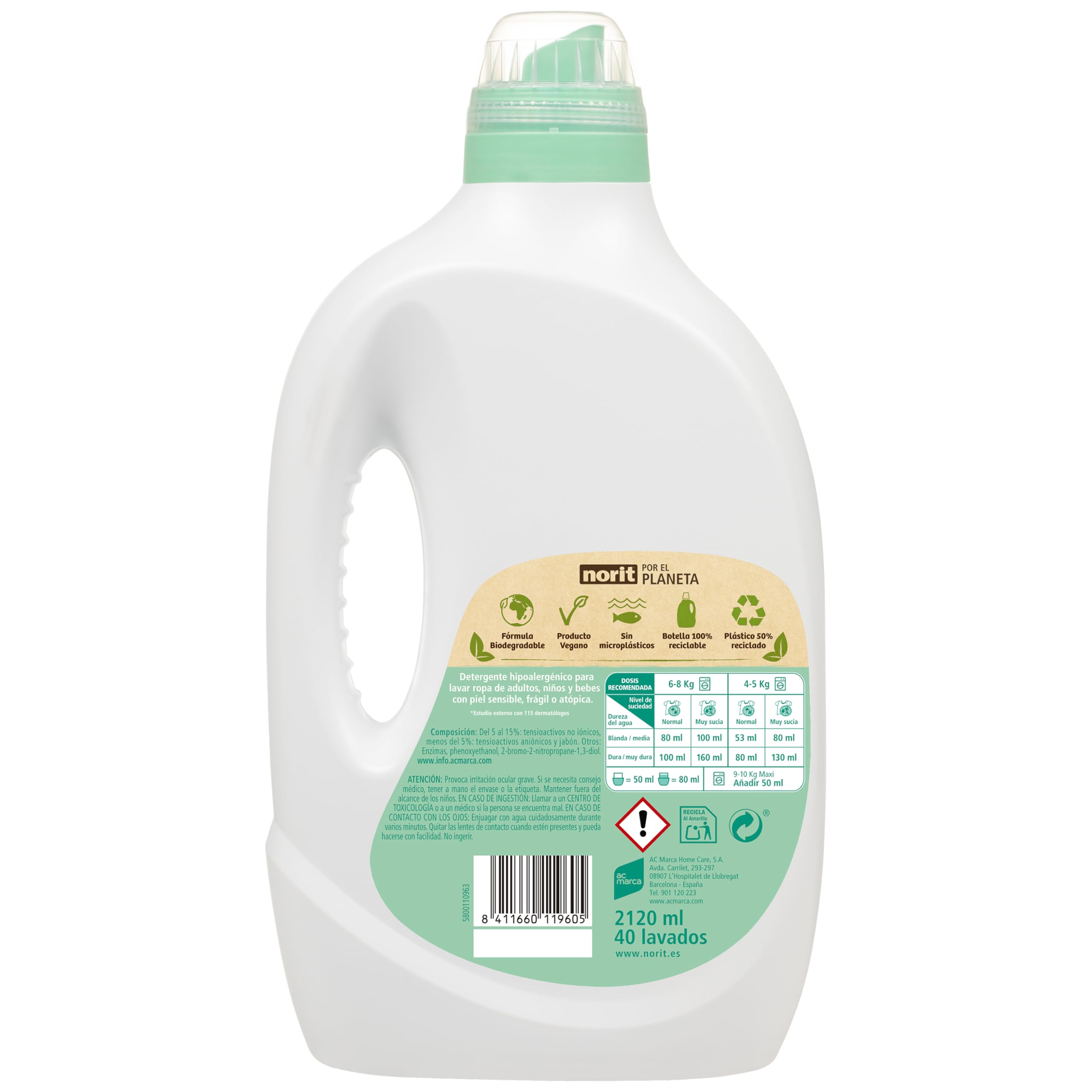 NORIT Sensible - Detergente Líquido Hipoalergénico sin perfume, para Pieles Sensibles y Atópicas, Apto para Adultos, Niños y Bebés, Pack de 3 X 2120 Ml, 6360 Mililitros