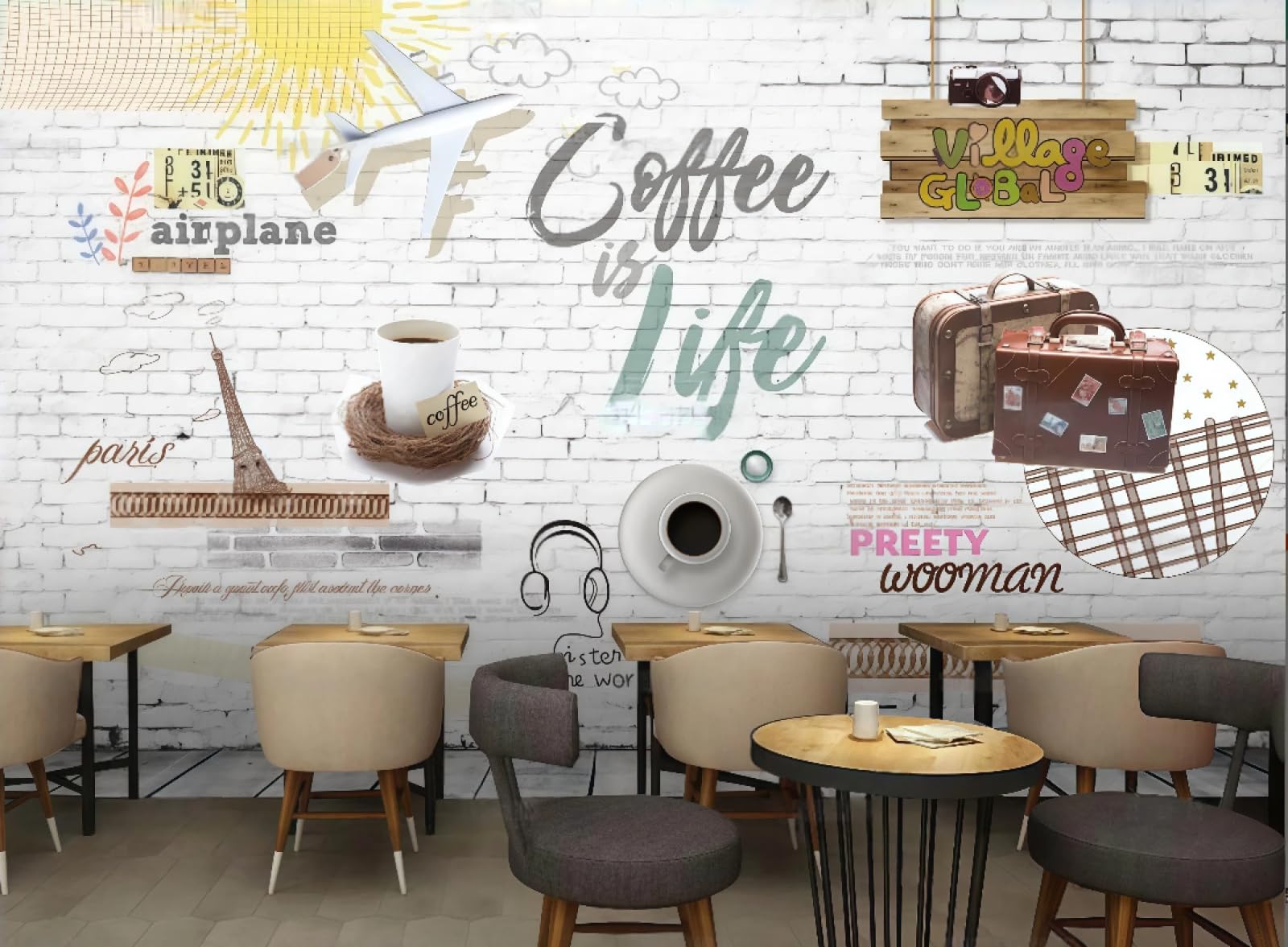 XDOUBAO Wallpaper Nostalgic Brick Wall Hand-Painted English Coffee Drink Theme Afternoon Tea Western Restaurant Background Wall Wallpaper Coffee Shop Mural,3D,250x175cm