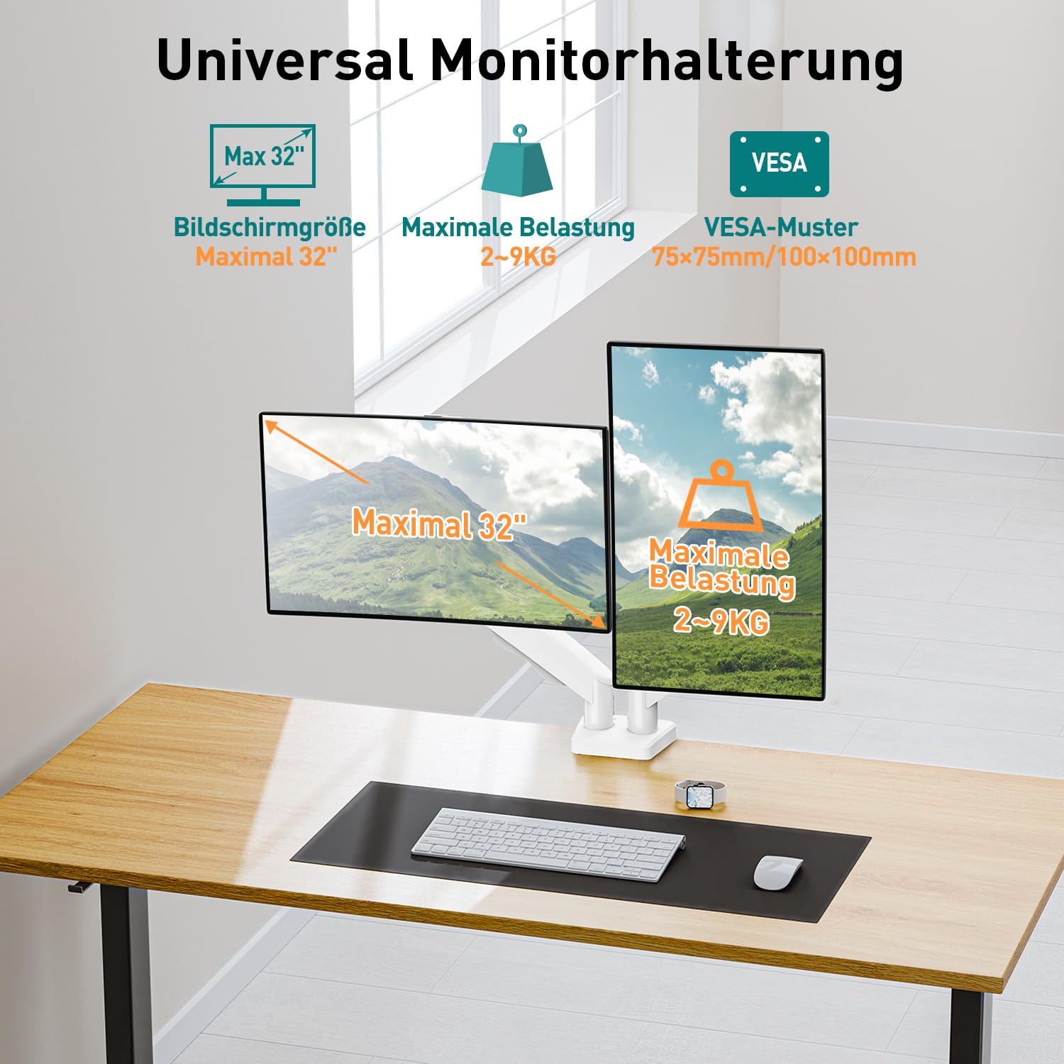 ELIVED Dual Monitor Halterung 2 Monitore weiß für 13-32 Zoll Bildschirme mit VESA 75/100, Gasdruckfeder 2 Monitorhalterung schwenkbar 180°, Drehbar 360°, Höhenverstellbar Monitor Arm, 9kg/Arm