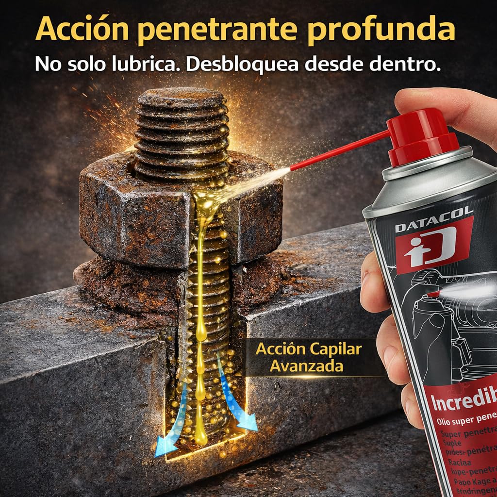 DATACOL Incredible Spray Aceite Penetrante Profesional 400ml – Lubricante Desbloqueante Aflojatodo para Tornillos Oxidados y Piezas Gripadas - 5 en 1 - Pack de 4