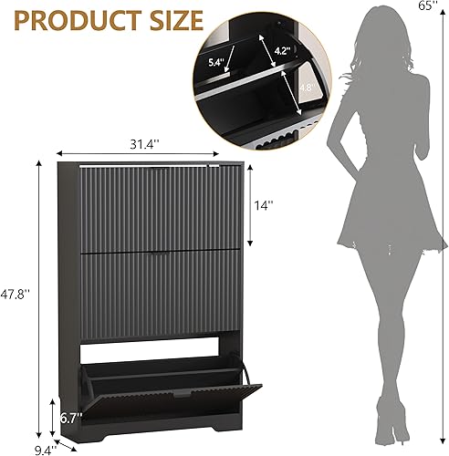 Miniatura 2 de Gabinete de Zapatos de Almacenamiento para Entrada con 3 Cajones Abatibles, Gabinete de Zapatos Acanalado Negro con Estantes Ajustables, Zapatero