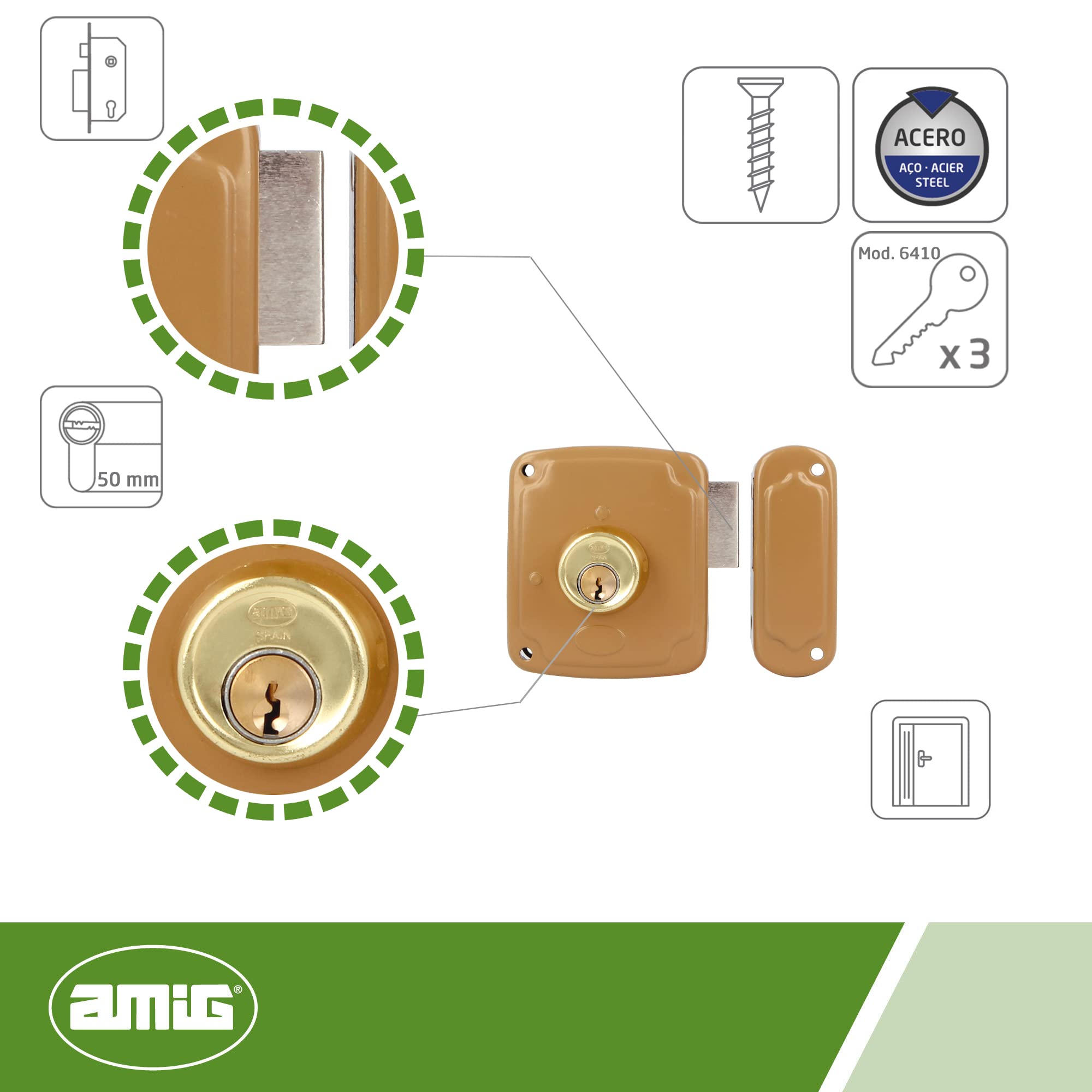 Amig - Cerradura de Sobreponer de Derecha con Palanca de Cierre y Lengüeta para Puertas de Madera Mod. 72PU / 80 x 95 mm/Pestillo Con Cilindro Redondo/Acero Dorado