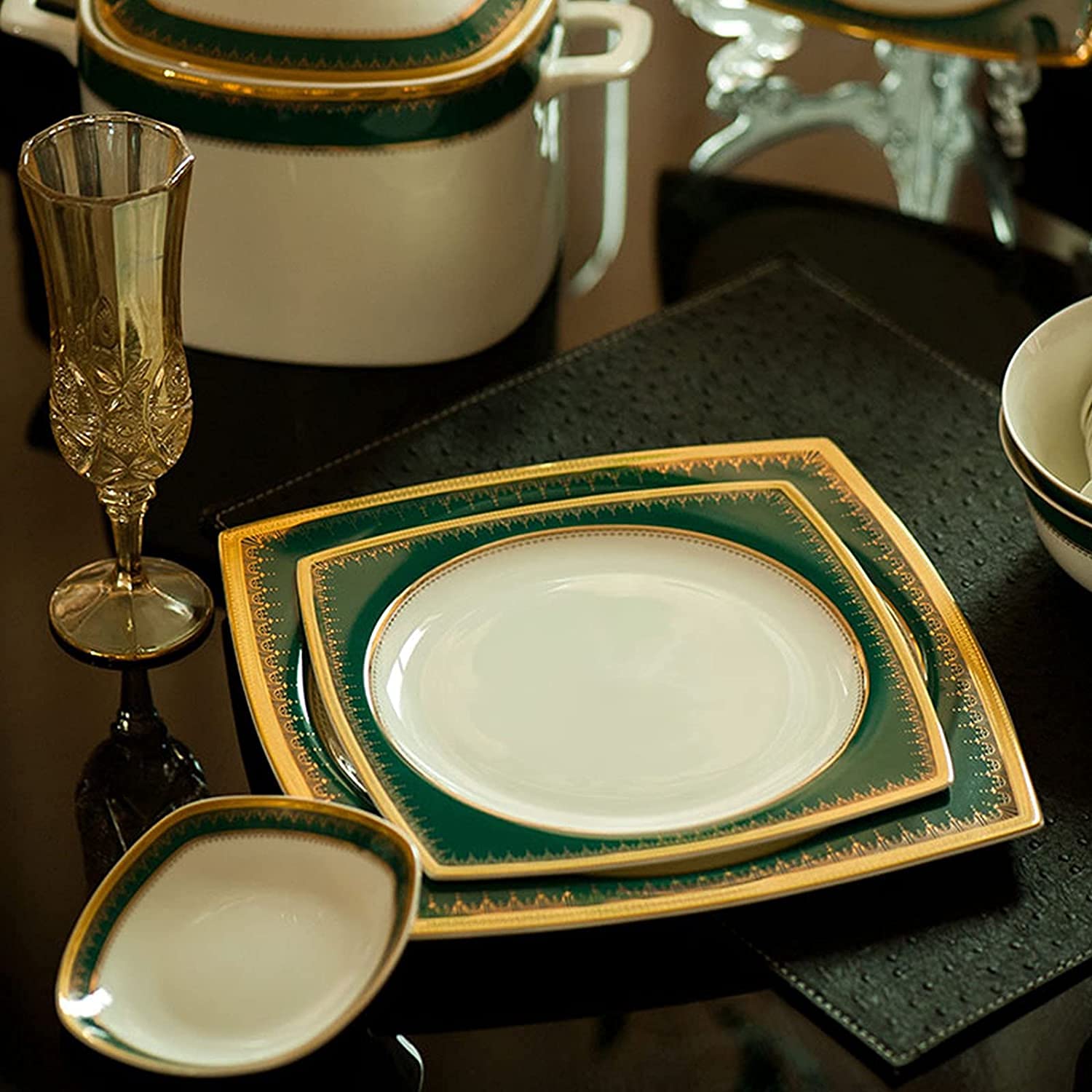 Service d'assiettes à Manger carrées en grès, 58 pièces, Service de Table en Porcelaine Tendre, Service pour 6 à 10 Personnes