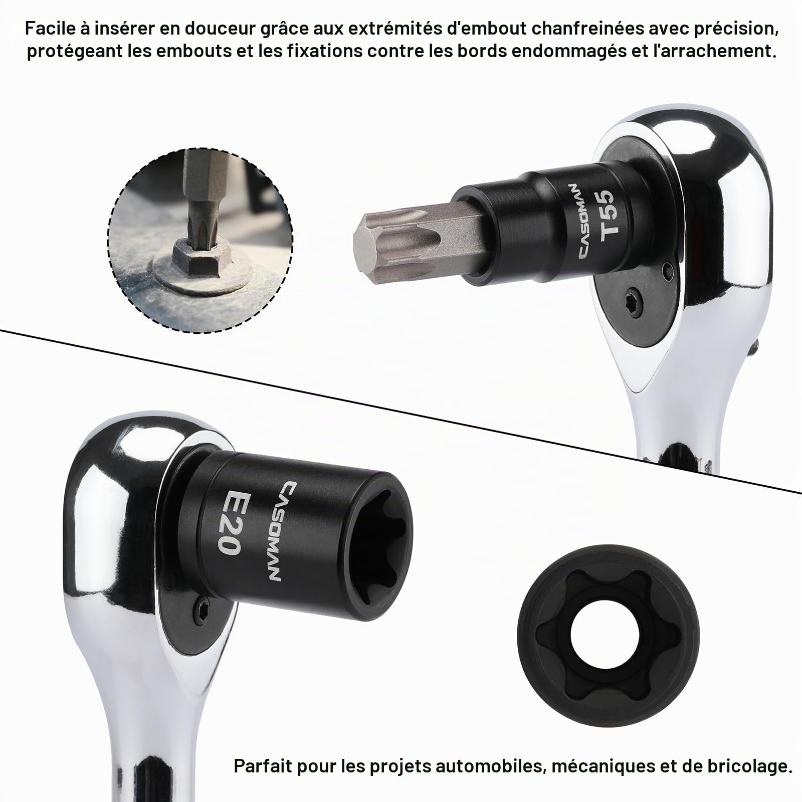 CASOMAN Jeu de 32 Torx et douilles externes femelles, 14 embouts étoile (T8 - T70) et 13 E-Torx femelles (E4-E24) - Avec 5 adaptateurs
