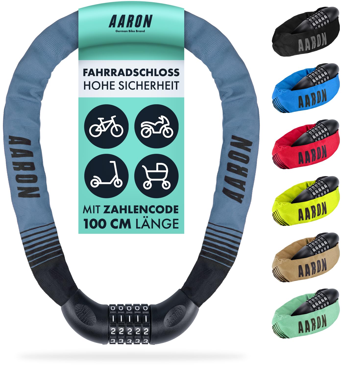 AARON Lock One Fahrradschloss mit 5-stelligem Zahlencode, Kettenschloss aus Stahl und hoher Sicherheitsstufe