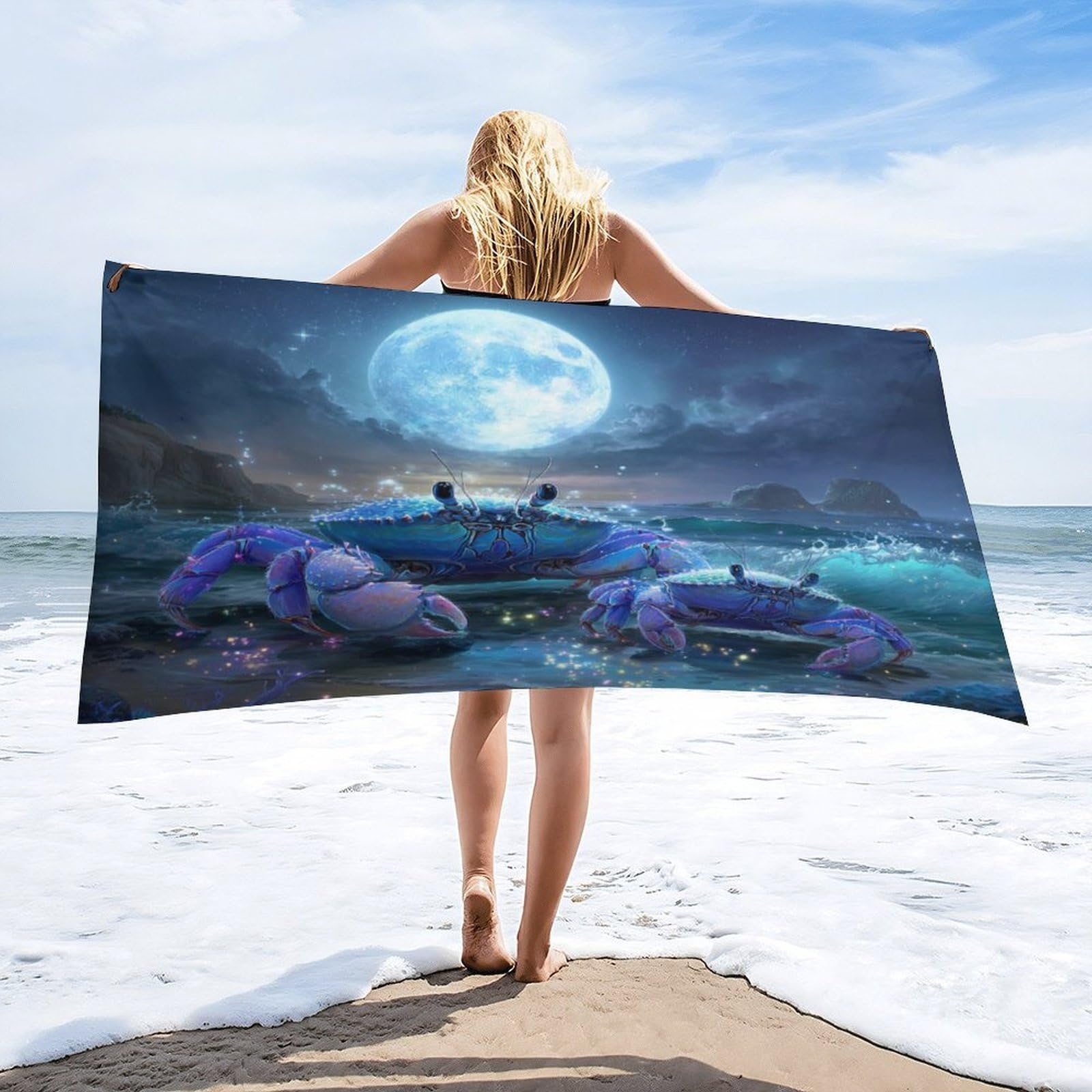 Luyysky Funny Cute Animal Crab Quick-Drying Beach Towel, Fantasy Watercolor Full Moon Galaxy Seaside Beach Sea Life Crab Travel Vacation Single Sided Pile Bathroom Towels-80 W Cm X 160" L Cm