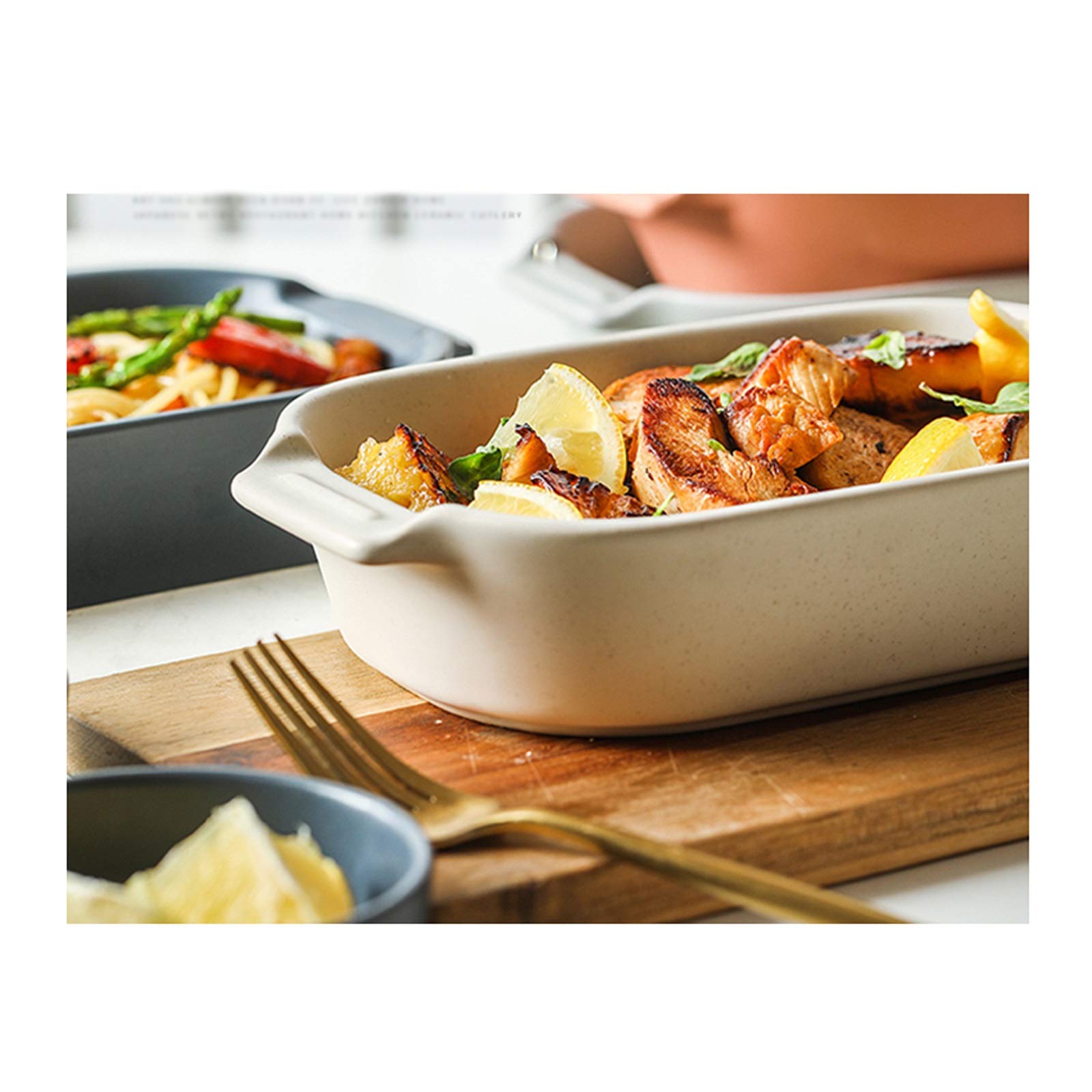 Speiseteller Rechteckige keramische Dinnerplatte, Familiennutzungssuppe mit Griff, Backplatte geeignet for Käse, Reis, sortierte Farbe Flachteller(White)