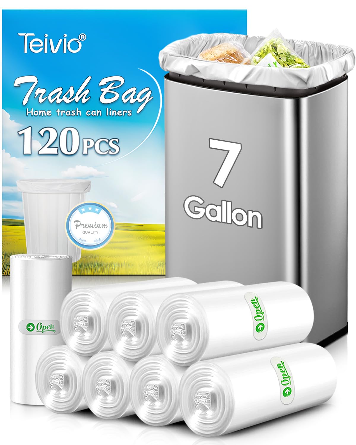 Teivio 7 Gallon 120 Counts Medium Garbage Bags 6 Gallon 7 Gallon Trash Bags, Waste Basket Liner, Bathroom Trash Can Bin Liners, Plastic Bags for home