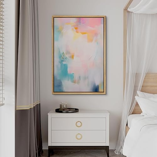 Miniatura 3 de SIGNFORD Lienzo enmarcado para pared, trazos de pintura rosa pastel y verde azulado, ilustración geométrica abstracta, minimalismo, decorativo,