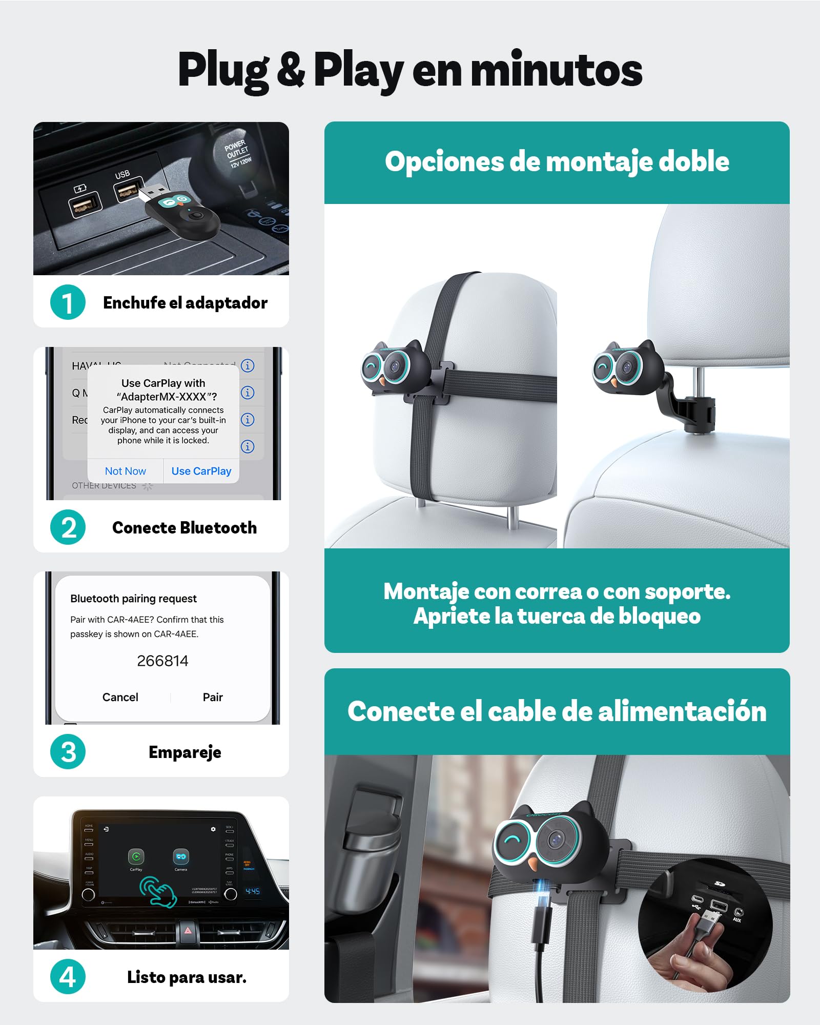 OTTOCAST Cabin Care 2026, 2 en 1 Adaptador CarPlay Inalámbrico + Cámara para Bebé, 1080P Full HD, Gran Angular 150°, Visión Nocturna IR, Compatible con CarPlay con Cable (Desde 2016)