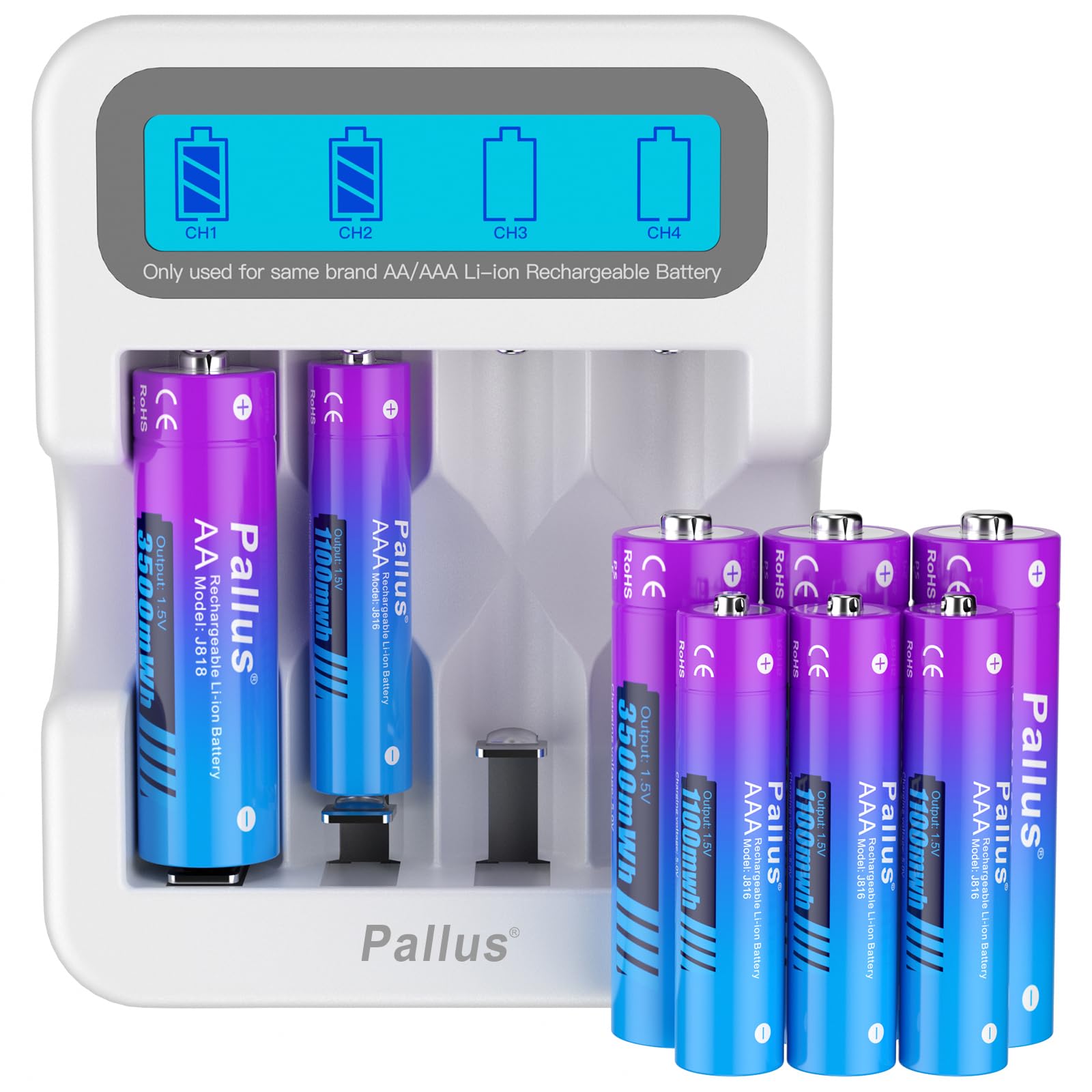 Pallus Lithium Rechargeable AA and AAA Batteries, 4 Pack 3500mWH and 4 Pack 1100mWH with Fast LCD Charger, High Capacity, 1600 Cycle Times