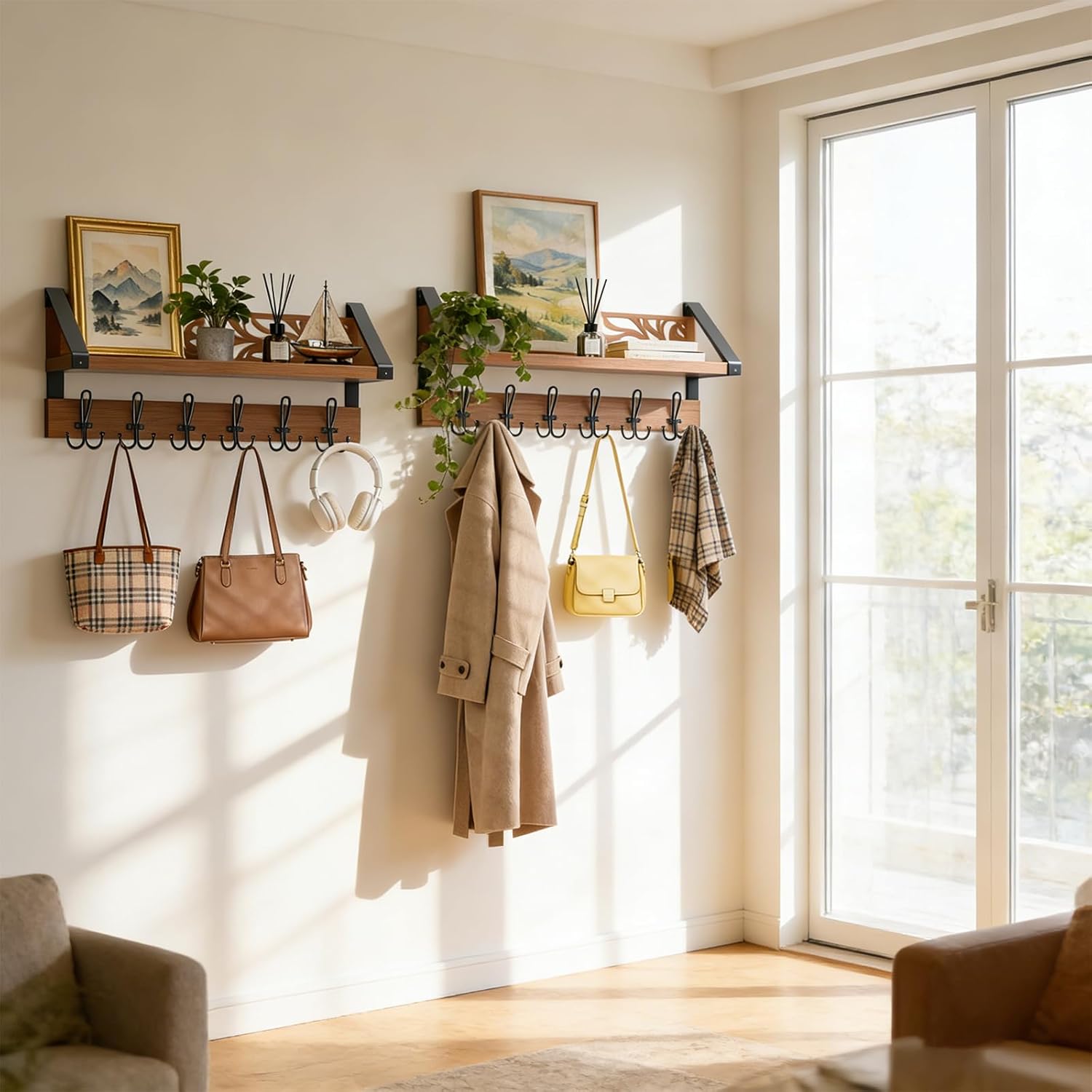 WGFKVAS 2 in 1 Coat Rack Wall Mount with Shelf and 6-Double Hook Wall Hooks with Shelf, Rustic Brown 15" Wood Organizer for Entryway, Living Room, Bedroom, Hallway
