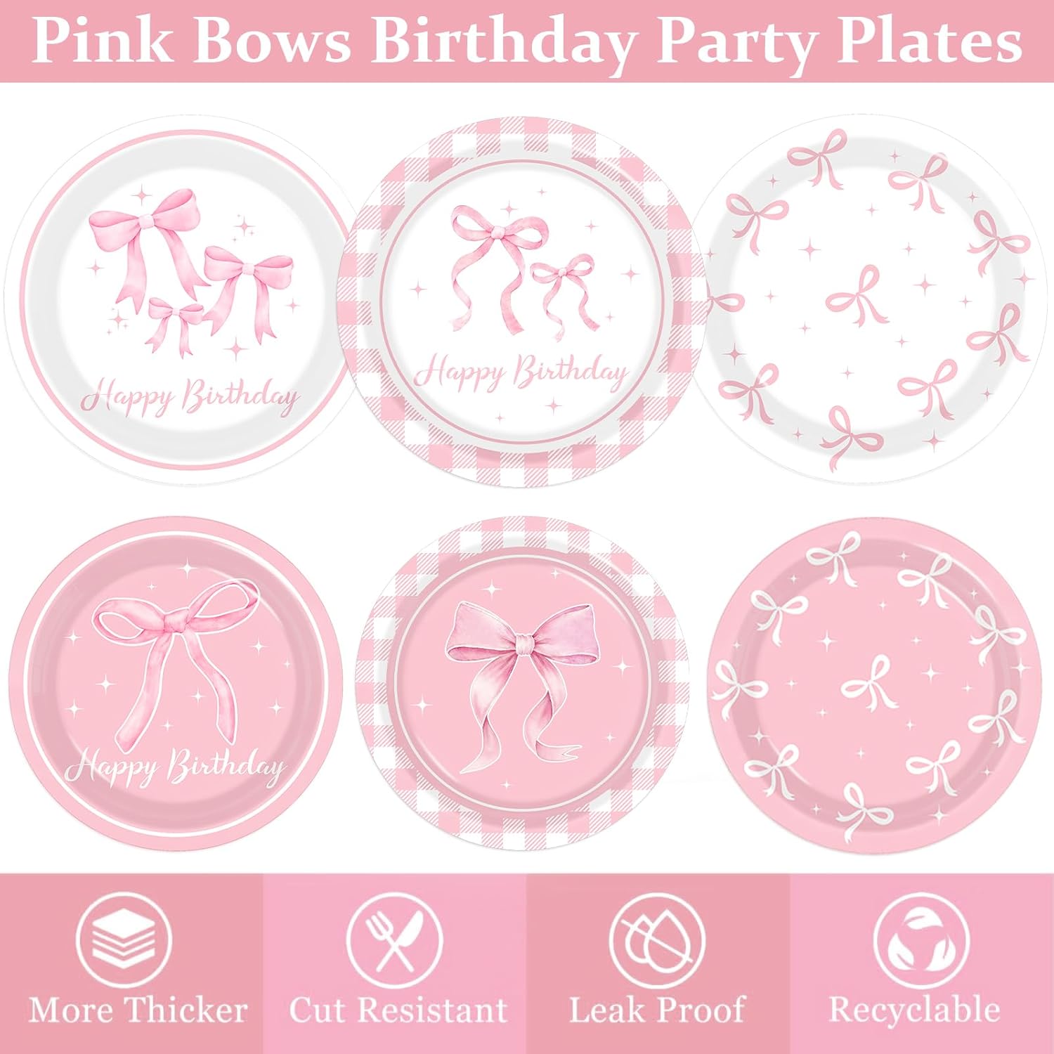 Pink Bow Birthday Decorations Serve 24, Coquette Birthday Decorations Tableware Sets Include Plates Napkins Cups Banner Balloons Tablecloth Cake Topper for Girls Party Supplies
