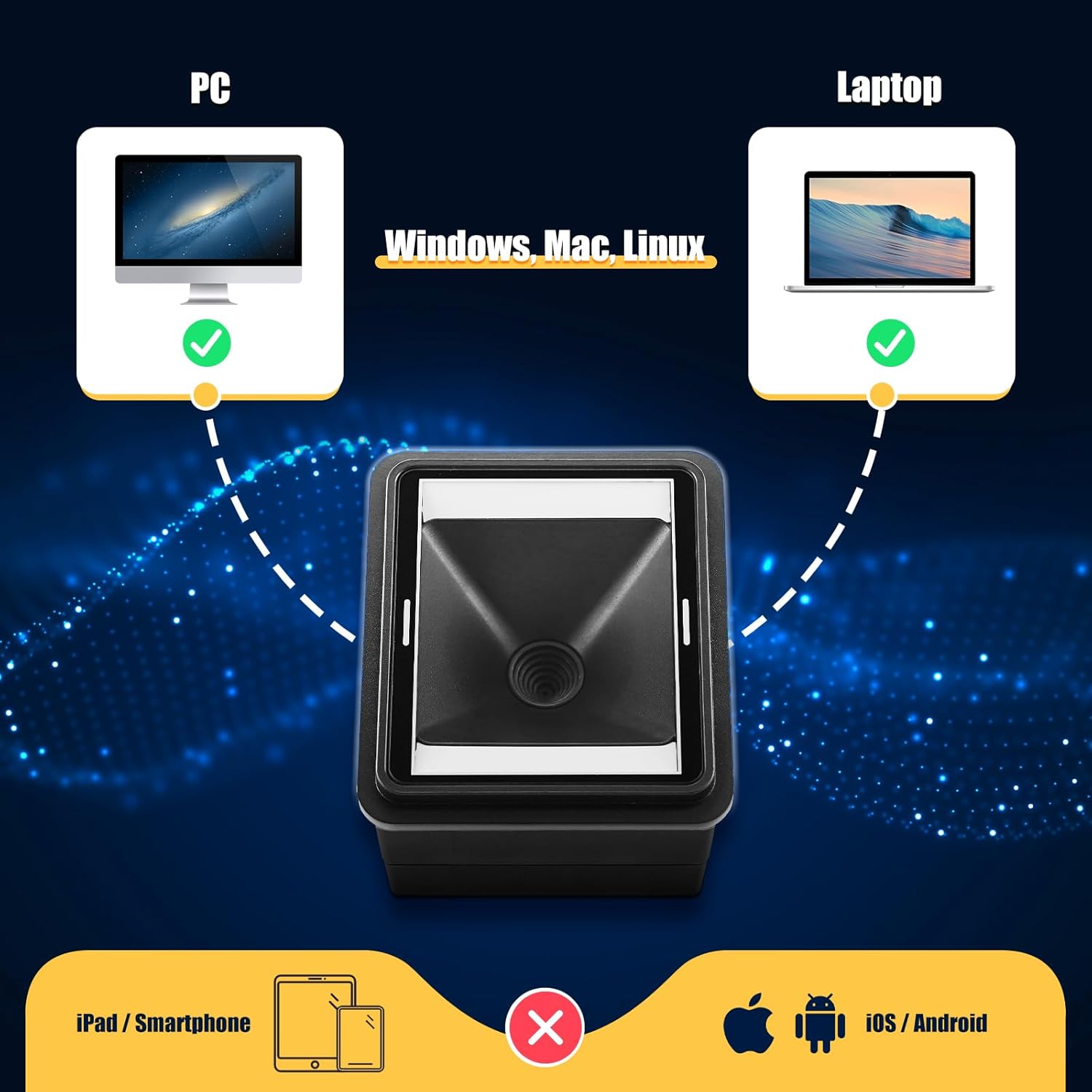 Illustration showing the NETUM NT-EM61 barcode scanner connected to a desktop PC and a laptop, indicating compatibility with Windows, Mac, and Linux operating systems.