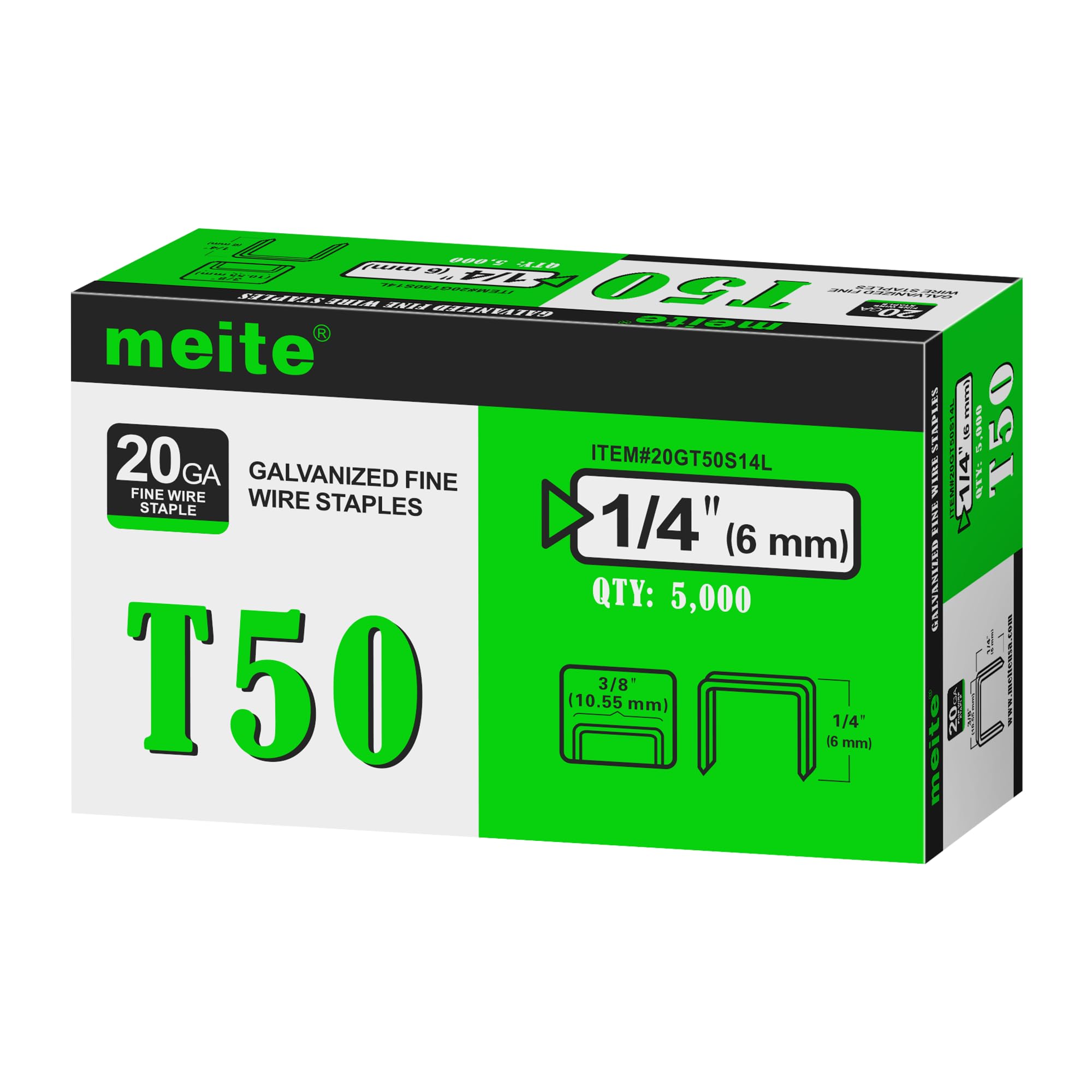 meite T50 Staples, Type 140/6 mm Heavy Duty Staples for Staple Gun 5,000 Counts, Galvanized, 10.5 mm Crown