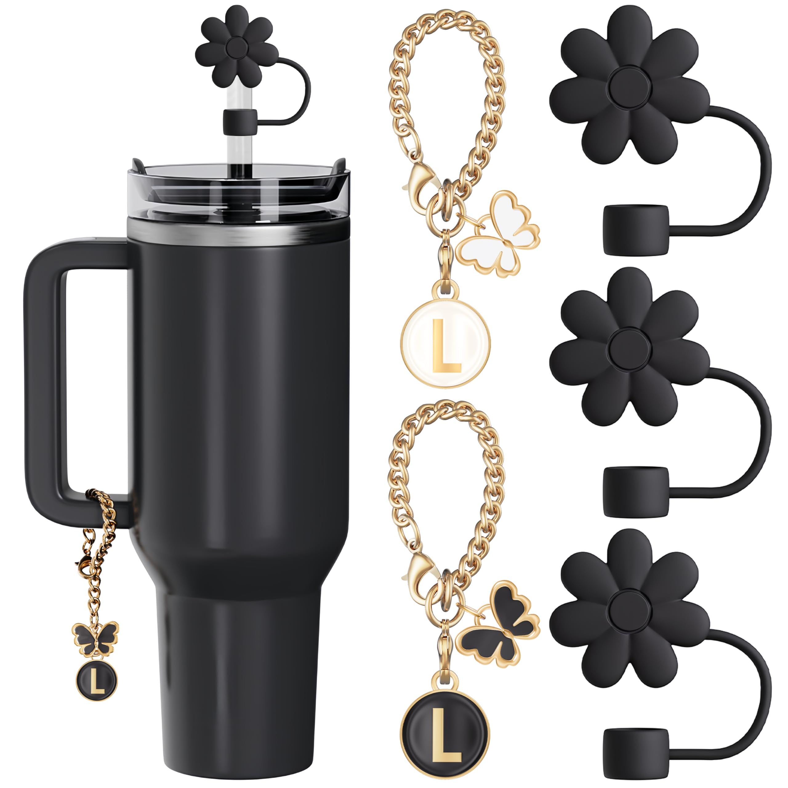 ANLABESY Compatible with Stanley Cup Accessories, 3PCS Straw Toppers for Stanley Straw Cover Cap, 2PCS Cute Letter for 30&40 Oz Tumbler with Handle