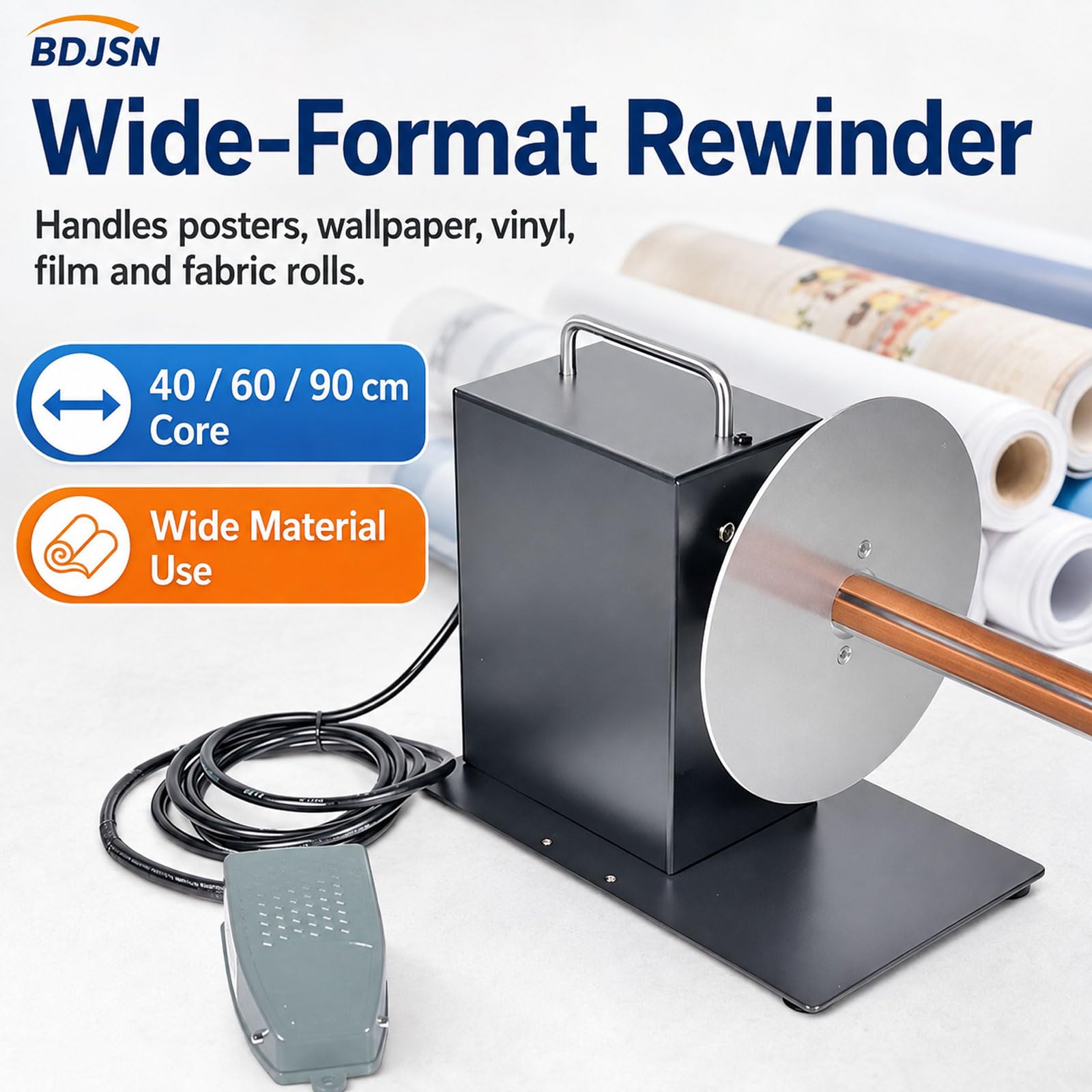 Nawijarka do materiałów wielkoformatowych, rdzeń 40/60/90 cm, do 400 RPM, regulowana prędkość, przód/tył, , na papier winylowy film tkanina tapeta plakat 60 cm