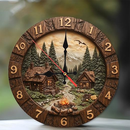 10-Inch Rustic Cabin Mountain Scene Clock