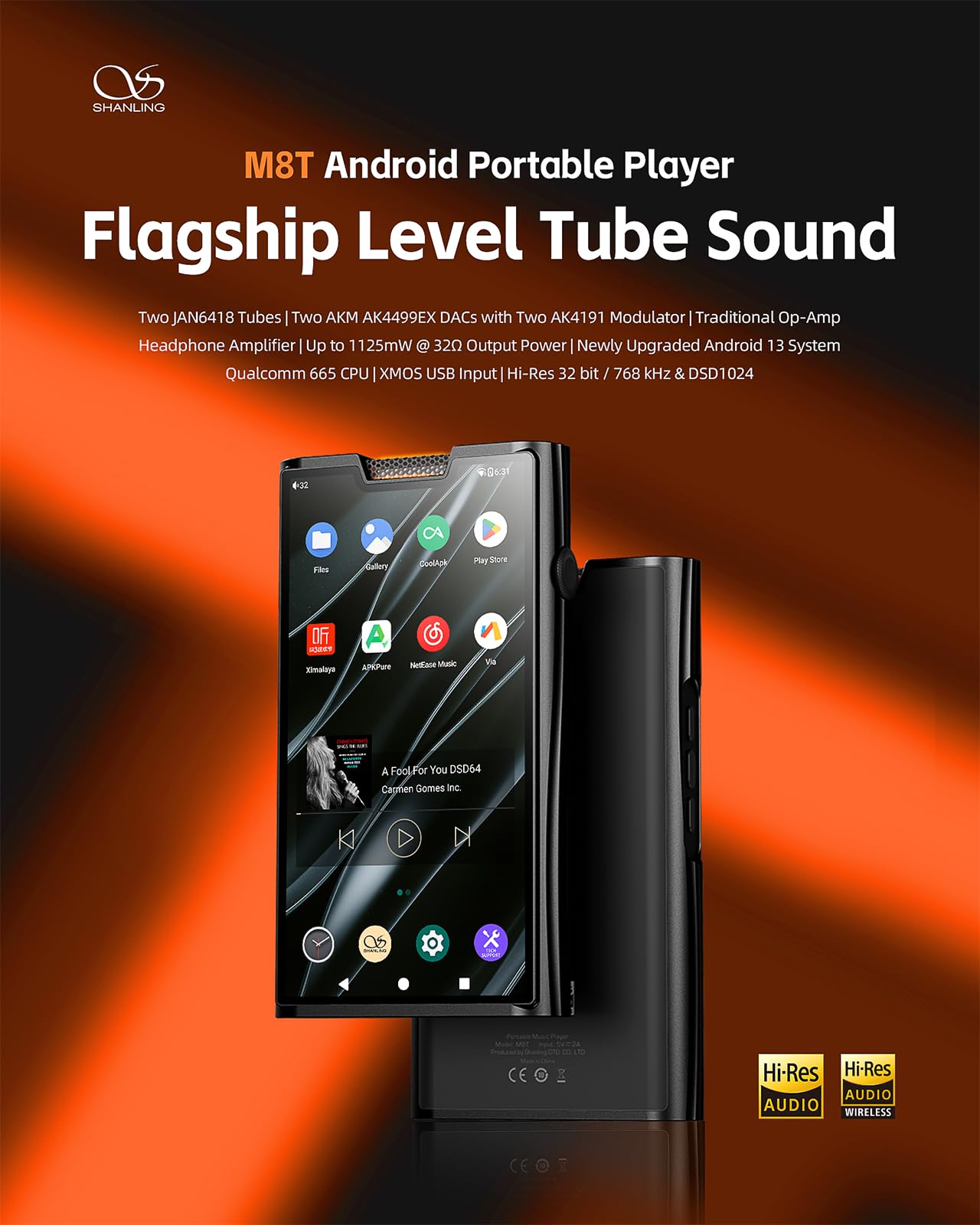 SHANLING M8T Flagship Digital Audio Player,MP3/MP4 Player,Dual JAN6418 Tubes+Dual 4191EQ DAC+Dual 4499EX AMP,Android 13,Qualcomm 665 CPU,6GB RAM+128GB ROM,768kHz/32bit,DSD1024,1125mW@32?,6-in Screen