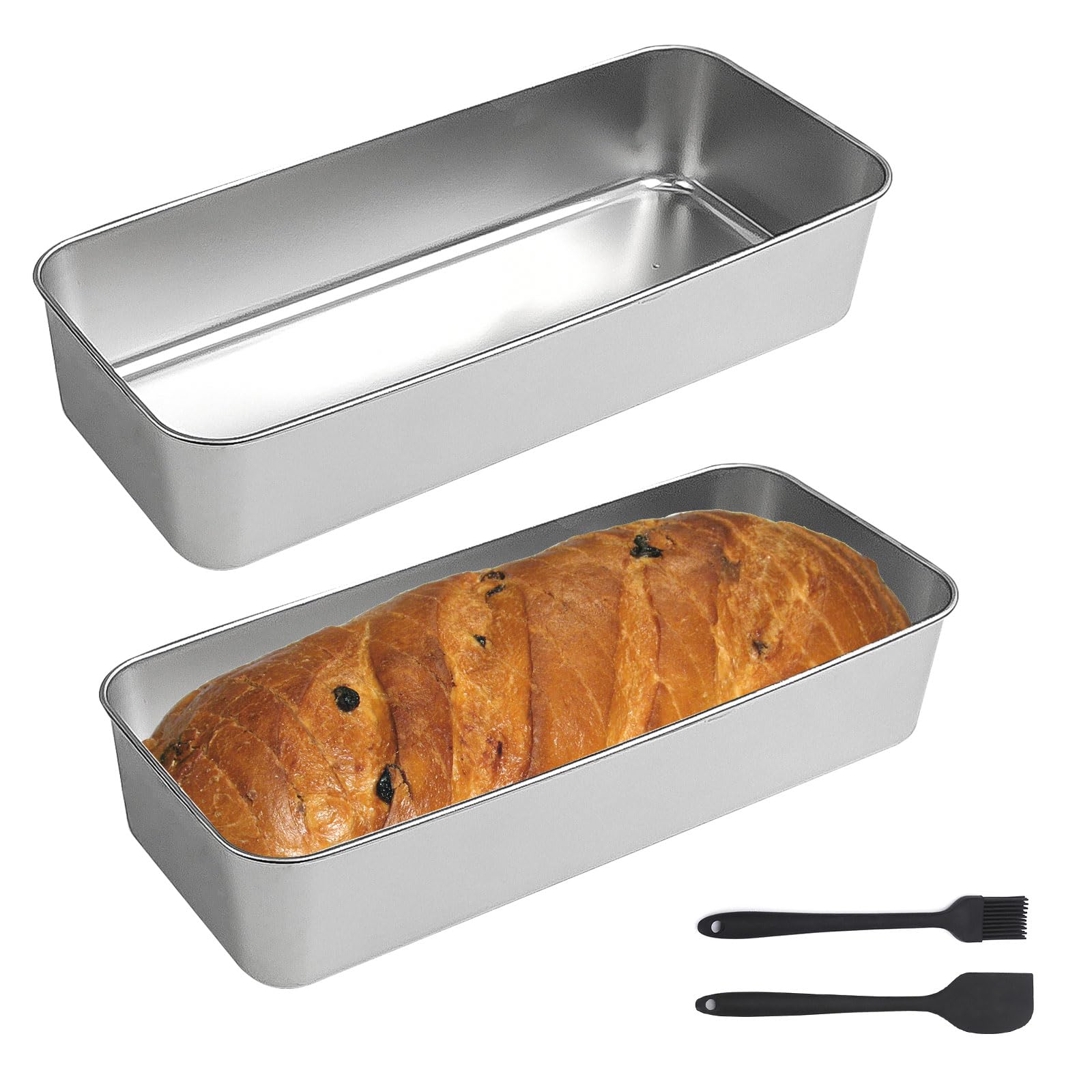 2er Set Edelstahl Brotbackformen Kastenform Rechteckig – Spülmaschinenfest | Inkl. 2 Silikon Backhelfer (Spatel, Pinsel) – Robuste Brotform für Brot, Kuchen & Tiramisu – 33 x 15 x 6 cm
