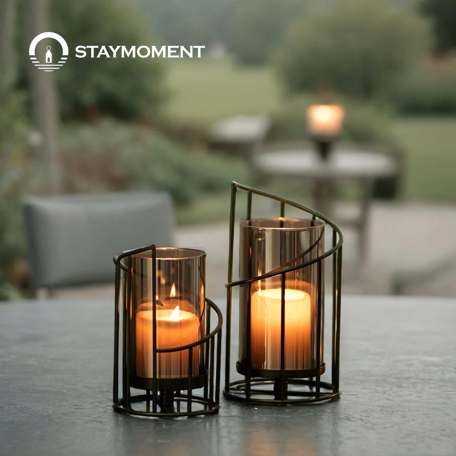 2er Set Windlicht Outdoor, Kerzenständer Metall Schwarz | Kerzenhalter für Stumpenkerze, Tischdeko, Modern Deko für Wohnzimmer, Badezimmer, Garten, Windlichter Draußen und Drinnen