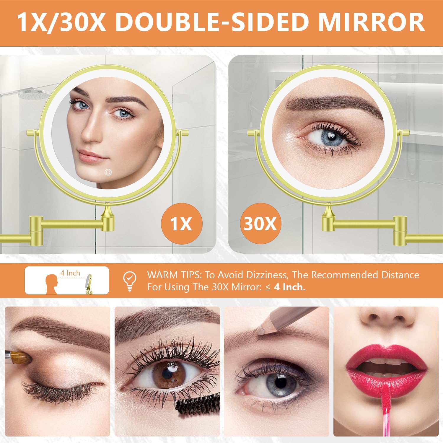 Miroir de maquillage mural double face de 20,3 cm avec lumière : miroir grossissant rechargeable 1X/30X 3200mAh, éclairage 3 couleurs à intensité variable et rotation à 360°, bras pliable, blanc
