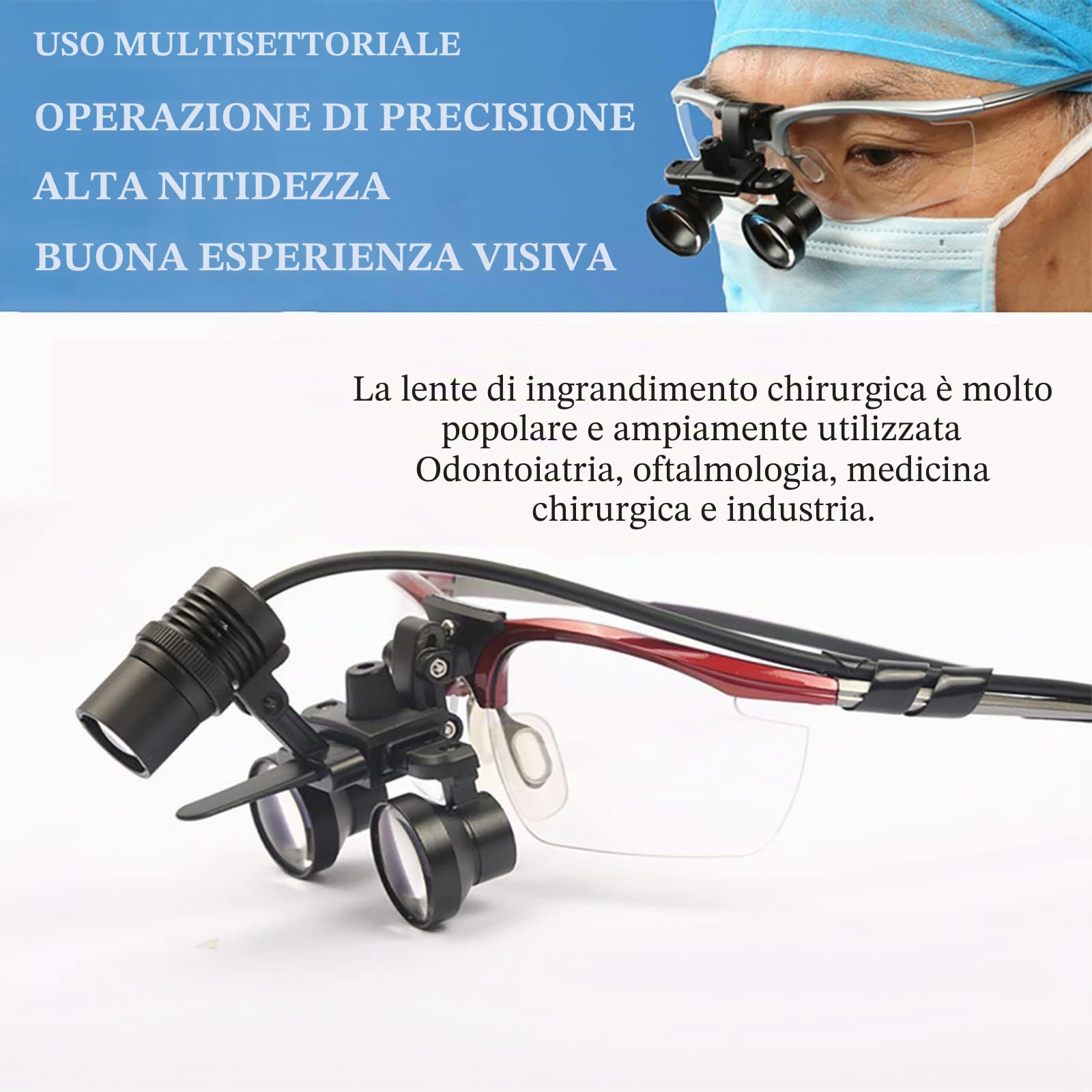 Lenti d'Ingrandimento Dentali 2,5X / 3,5X, Lenti d'Ingrandimento Binoculari Chirurgiche + Luce Frontale A LED da 5W, Portatili Ultraleggere, Attrezzatura da Laboratorio per Dentista,Blue-3.5X