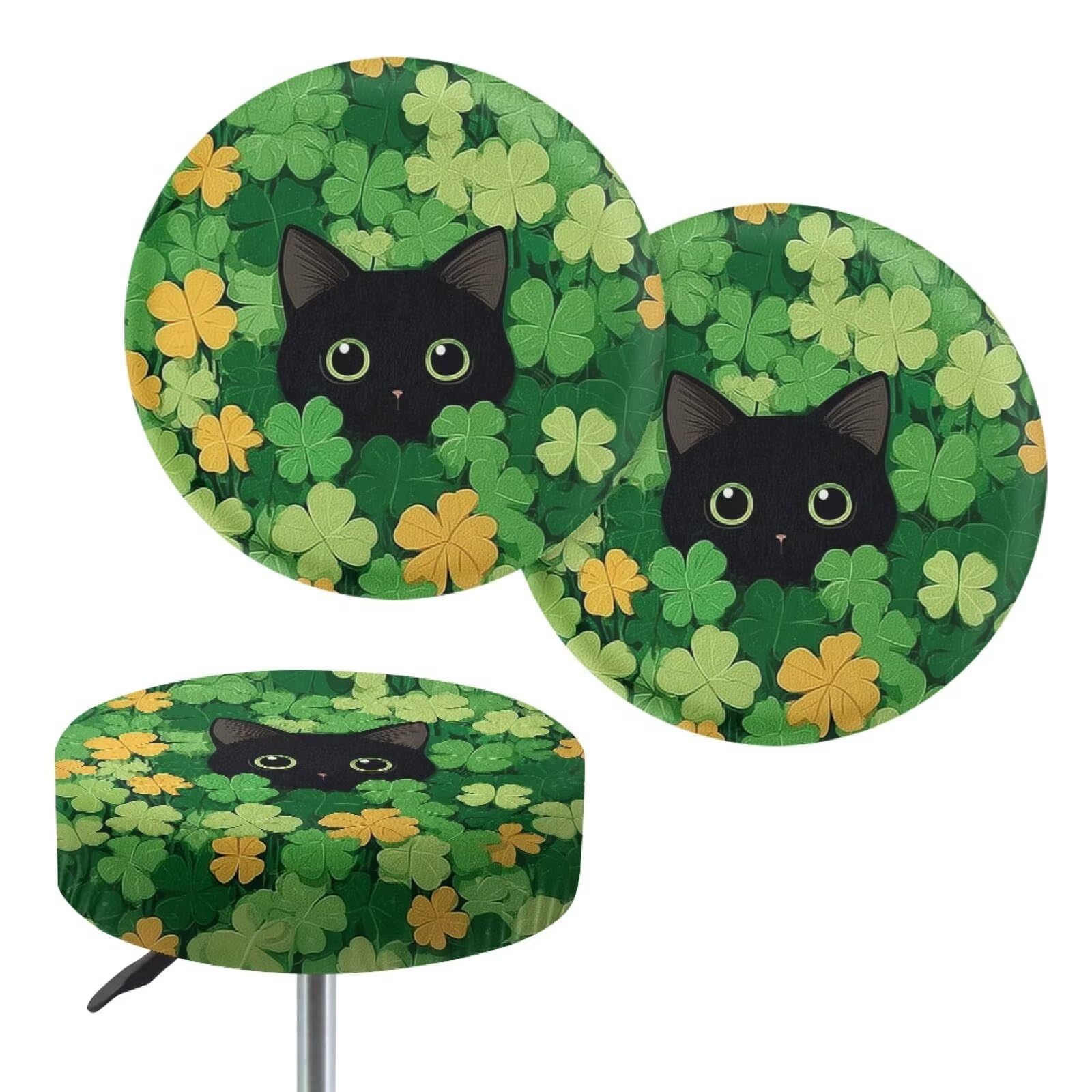 Wanyint Bar Stool Covers Round, 2 Pack Stretch Circle Stool Slipcover 12-14 Inch Irish Round Stool Slipcovers for Coffee Bar Office St Patricks Day Decor, Black Cat Shamrock Green