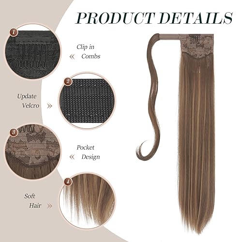 Miniatura 3 de FESHFEN Extensiones de cola de caballo largas y rectas con clip envolvente, extensiones de cola de caballo sintéticas para mujeres y niñas, 24