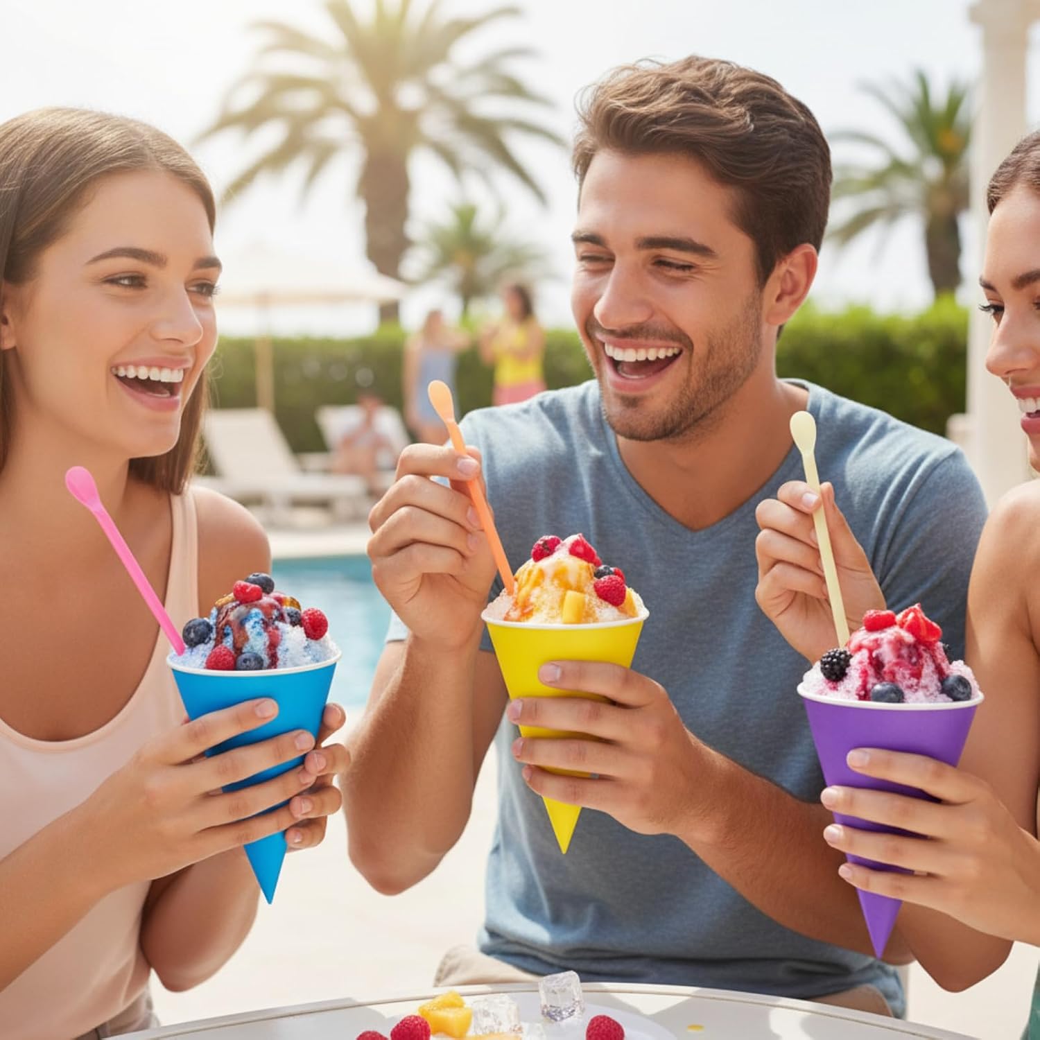Boao 100 Sets 4.5 oz Snow Cone Cups and Spoon Straws Disposable Snow Cone Syrup Leakproof Shaved Ice Supplies for Slush Shaved Ice Cream Water Summer Hawaiian Birthday Party (Colorful Color)