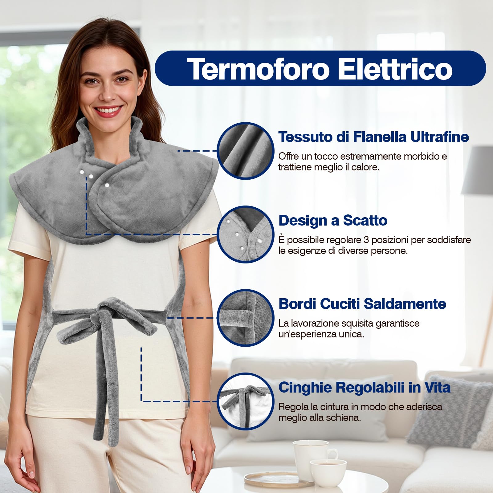 Termoforo Elettrico Cervicale e Spalle 60x100cm, 9 livelli di Riscaldamento, 4 Timer, Riscaldamento Rapido, Spegnimento Auto per Schiena Addome e Gambe, Flanella, Lavabile in Lavatrice