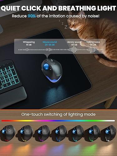 Vista 8 de Ratón trackball inalámbrico, ratón ergonómico Bluetooth recargable para computadora, ratón retroiluminado con bola rodante para pulgar para laptop