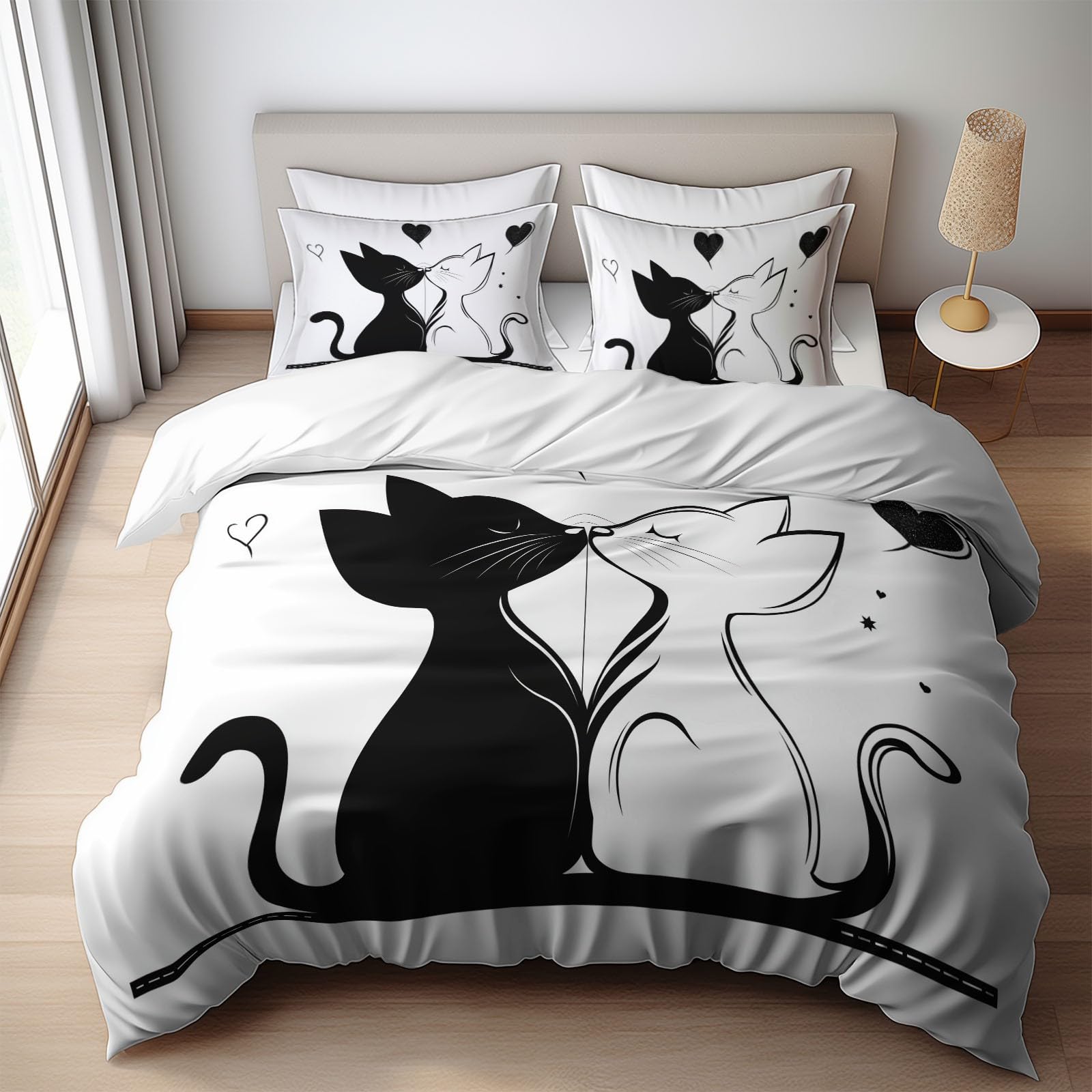 Bettbezug-Set mit Kissenbezug Bettwäsche-Set für Jungen Mädchen Kinder, Pärchen Katz Cartoon Romantische Haustiere Drucken Bettbezug 240 x 220 3er Set Weich Mikrofaser, Atmungsaktiv