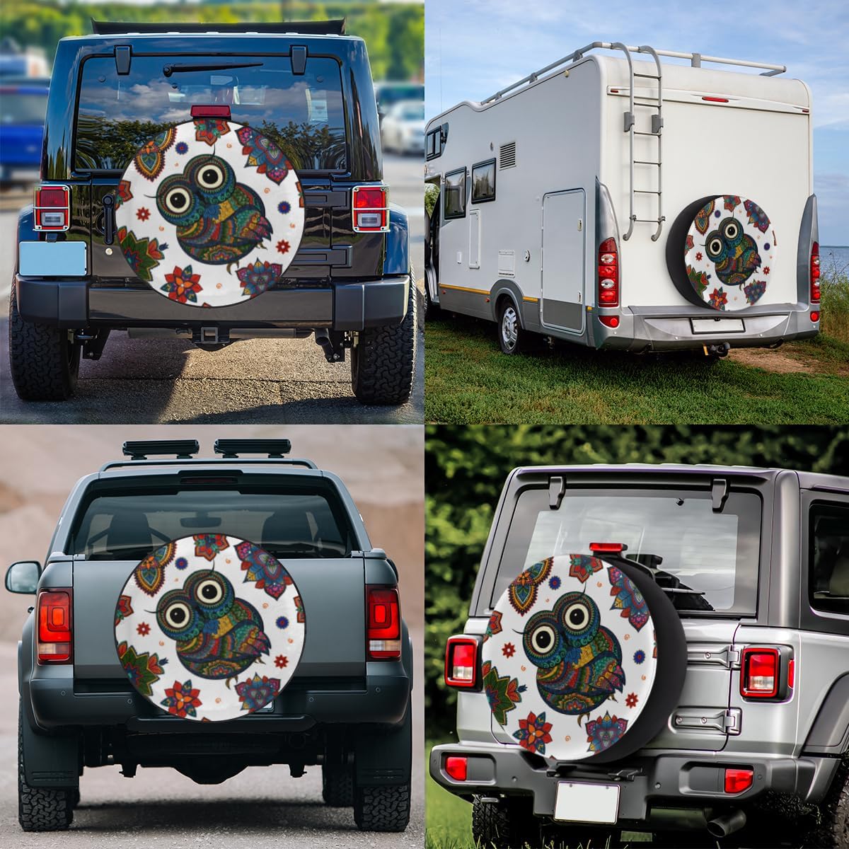 Lovely Boho Tribe Owl Tire Covers Portable Spare Tire Cover Soft Durable Waterproof Dustproof Set of 4 Bags 15 Inches for Car Truck SUV Trailer Camper