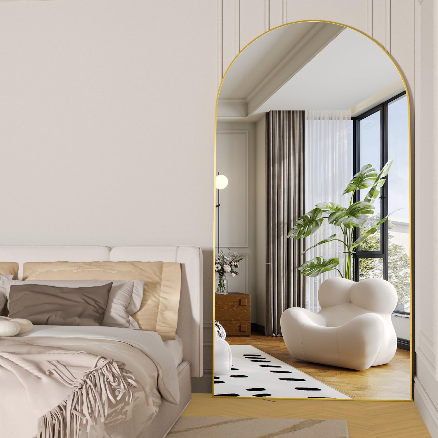 180x80cm Arched Floor Full Length Mirror, Full Body Wall Mirror with Aluminum Frame, Arched-Top Full Dressing Mirrors Standing Hanging or Leaning for Bedroom Living Room, Gold