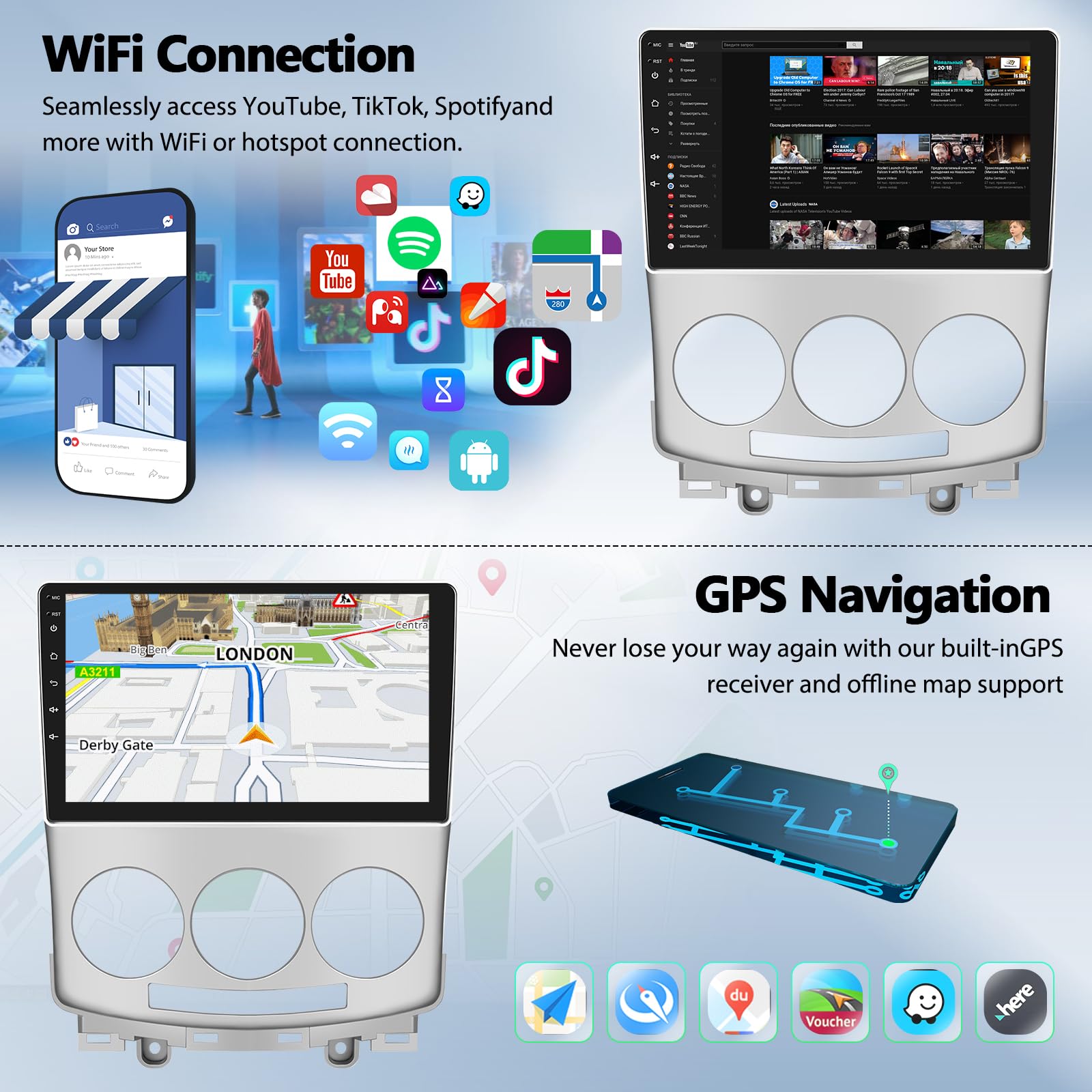Autoradio Android 9" Pour Mazda 5 2005-2010 - CarPlay/Android Auto Sans Fil, GPS, Caméra De Recul, 2Go RAM