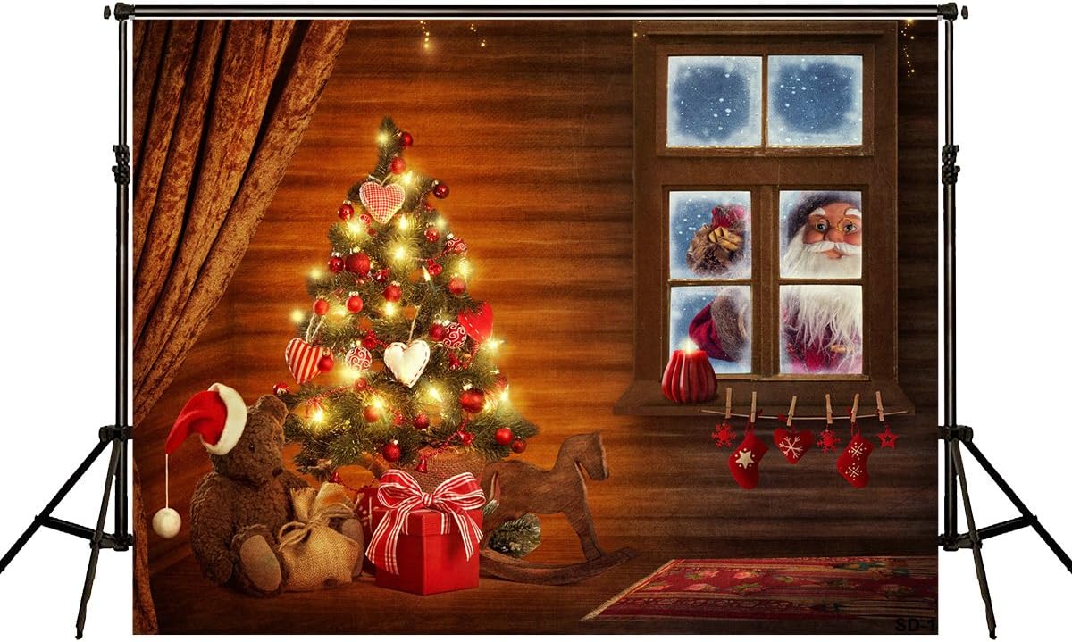Kingsky 7x5ft(2.2x1.5m) Digital Backdrop Christmas Tree Wood Background Santa Claus Outside And Indoor Decorative Fireplaces for baby Christmas Photography Backdrops
