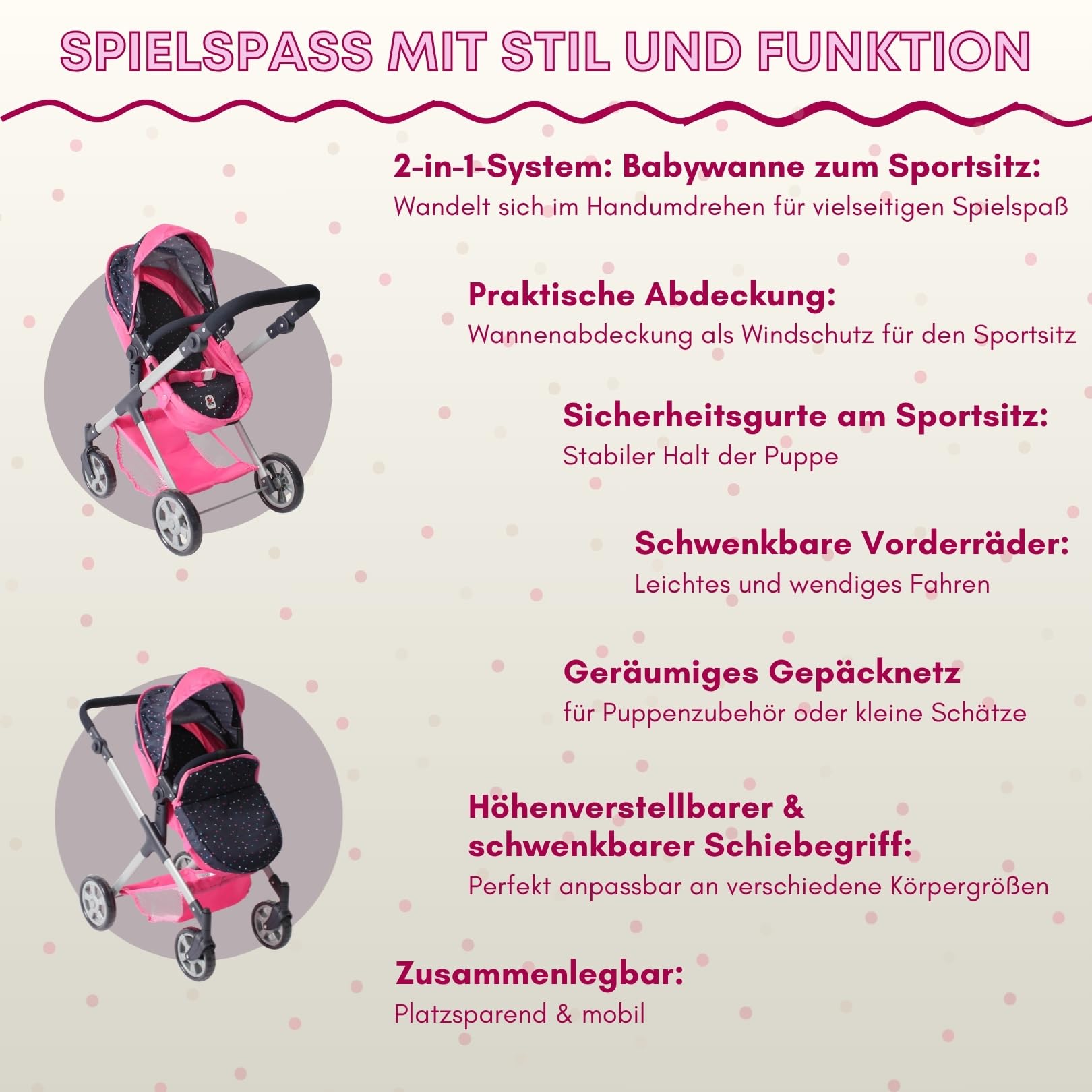 Bayer Chic 2000 Puppenwagen Mila, 2in1 Kombi-Puppenwagen, Konfetti pink | 2in1 Puppenwagen mit wendbarem Sportsitz, Babywanne & schwenkbaren Rädern. Höhenverstellbar 39-72 cm