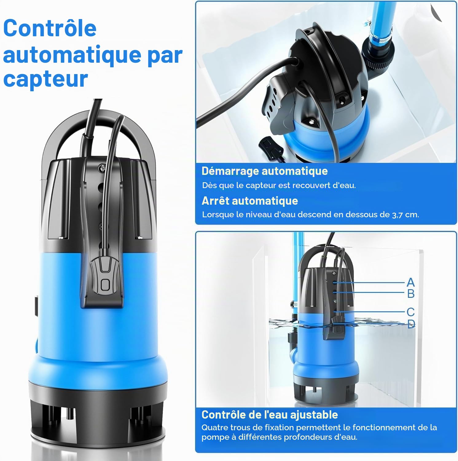 FOTING Pompe d’évacuation pour eaux chargées, Moteur 750W, 19 500 L/h, Hauteur de refoulement max : 8.5 m, Profondeur d’immersion max : 7 m, Taille particules: 30 mm, Flotteur Réglable 4 Niveaux