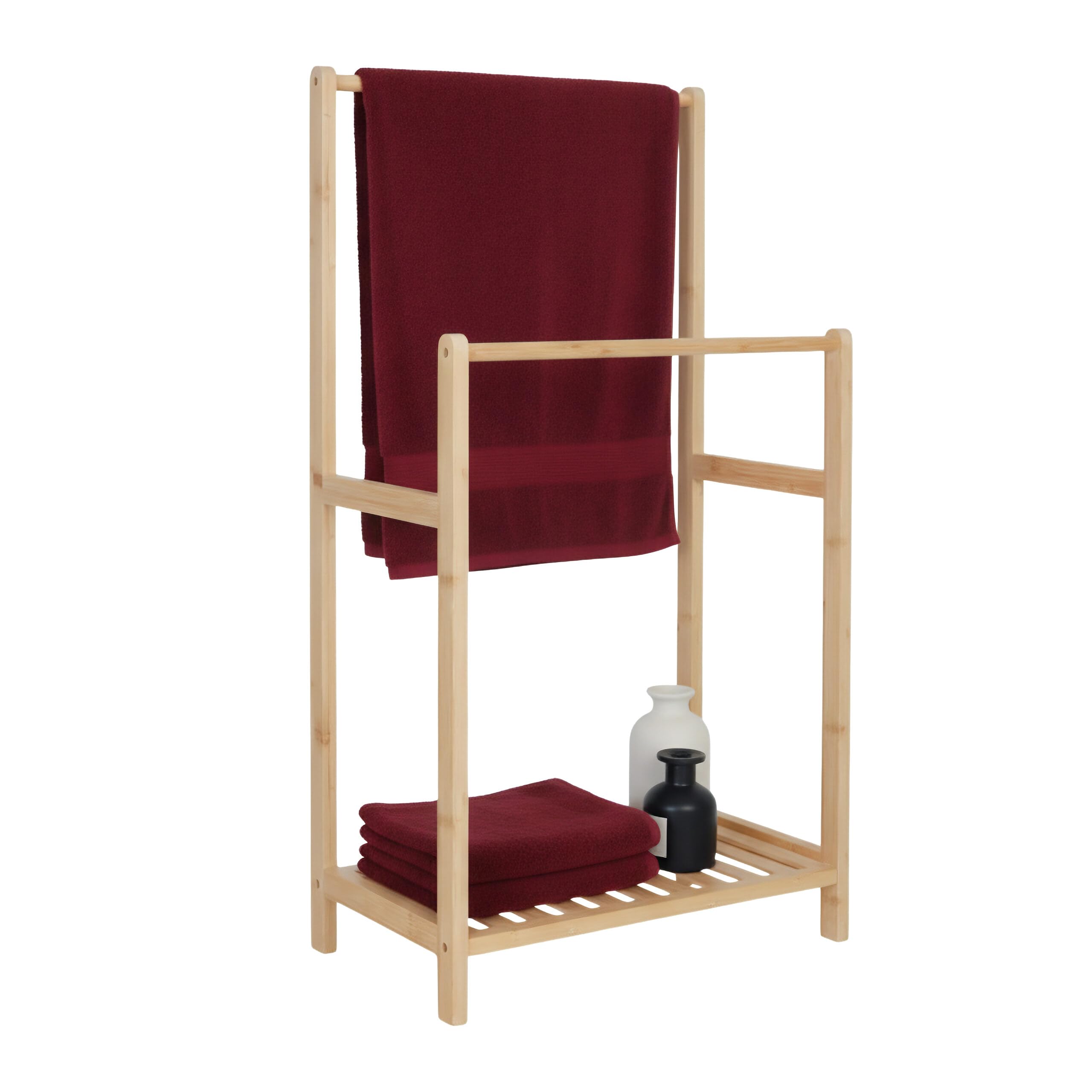 Relaxdays Porta Asciugamani in bambù, 2 aste, con ripiano, HLP: 77,5 x 42 x 24 cm, autonomo, Naturale