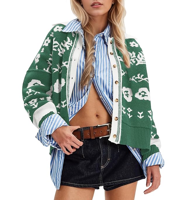 Floral Cropped Cardigan Sweaters for Women V Neck Long Sleeve Button Down Cardigans Color Block Knit Tops Fall