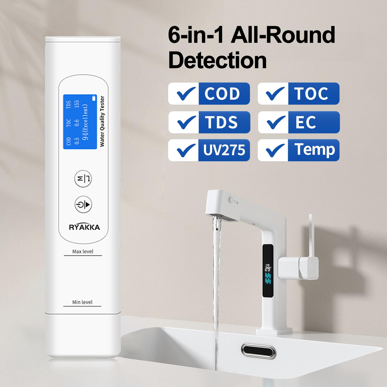 6IN1 Trinkwassertester mit Intelligente Wertung, TDS Messgerät für Trinkwasser Digitaler Bakterien Wasserqualität Tester für Haus, Camping