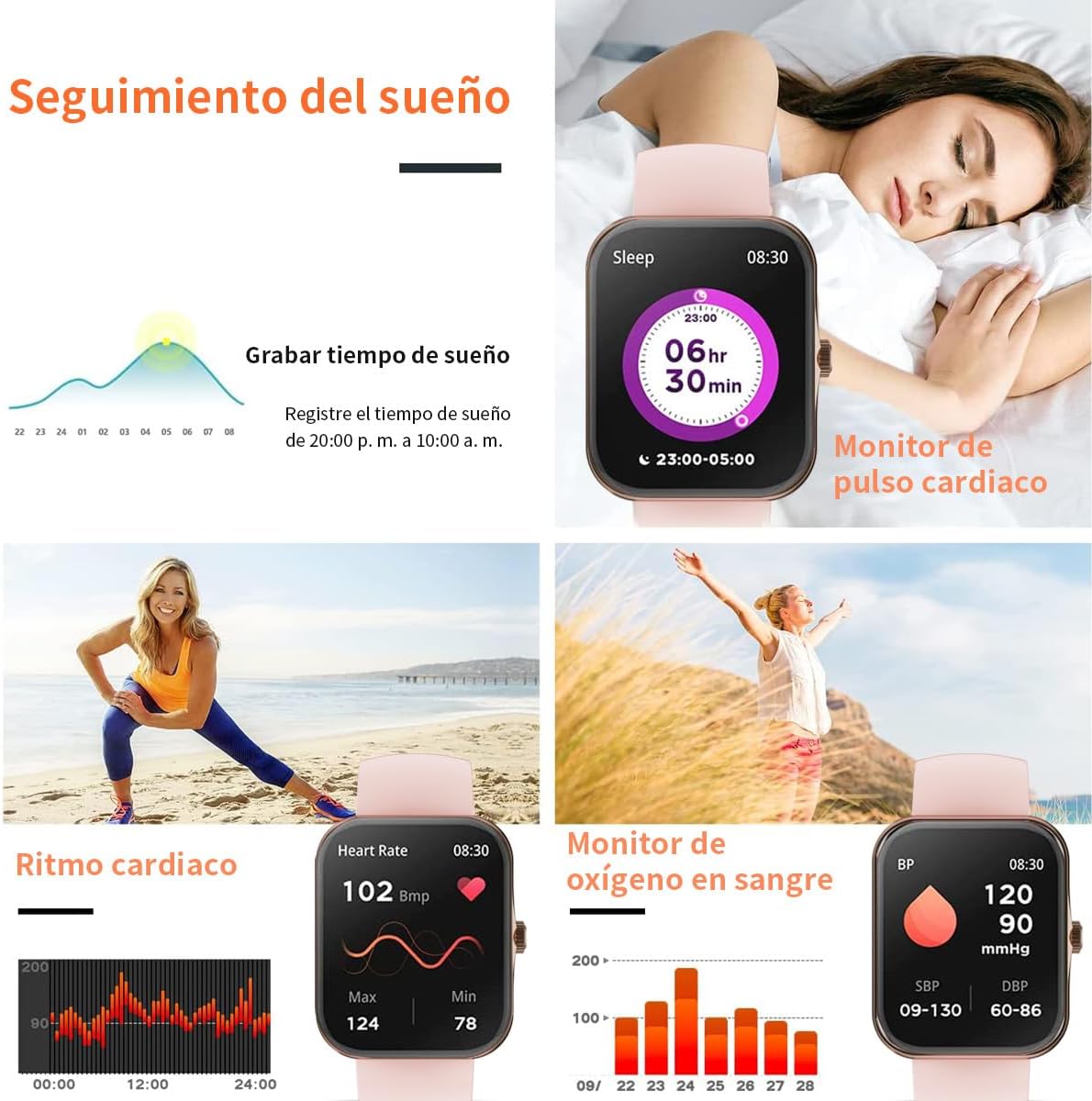 BUYIO Smartwatch displaying sleep tracking, heart rate monitoring, and blood oxygen monitoring features.