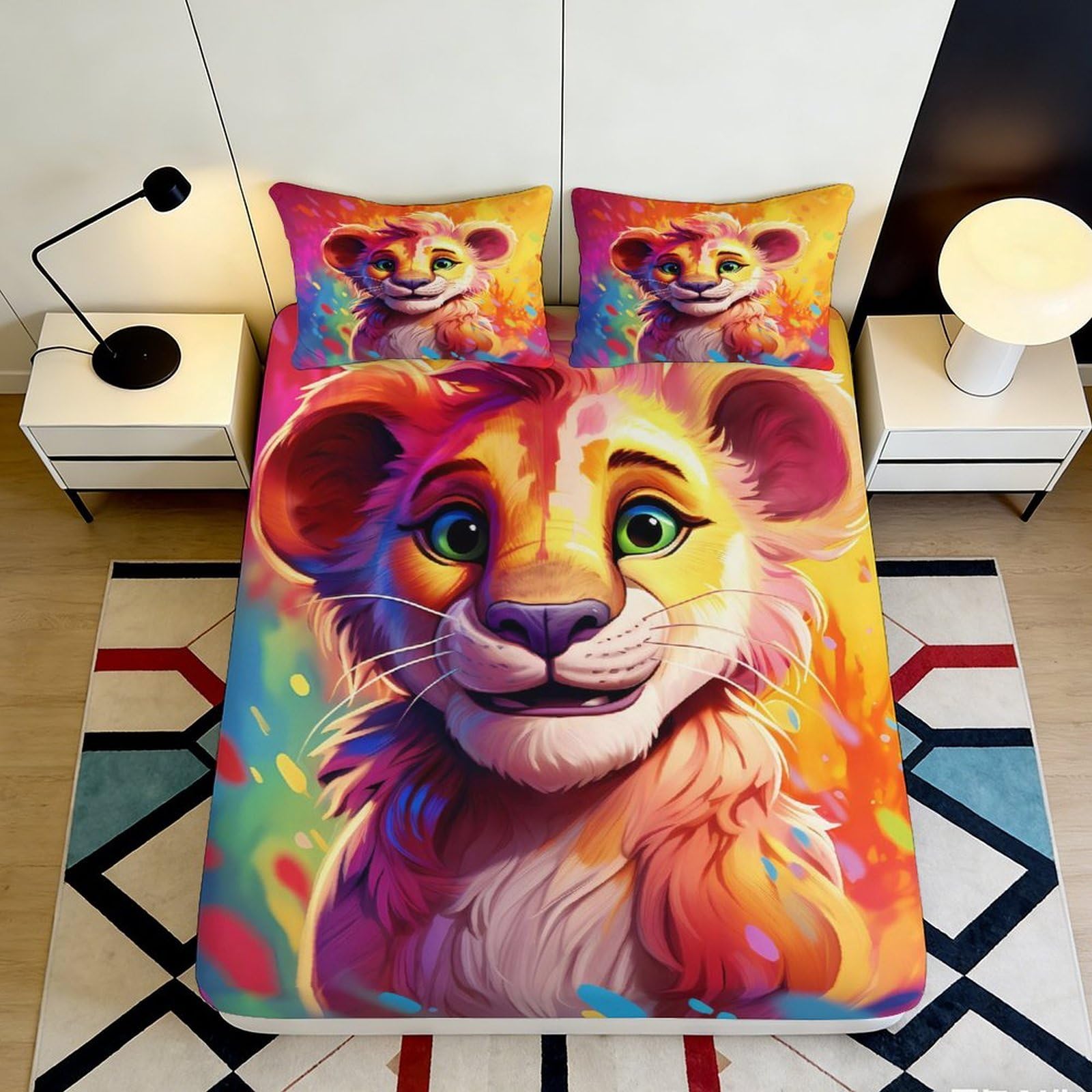 Dhbaneiok Style-7 3D Printed Colorful Lion Fitted Sheet Microfiber Soft Bed Sheet Cartoon Animal Mattress Cover Bedroom Decor 90X200x25cm