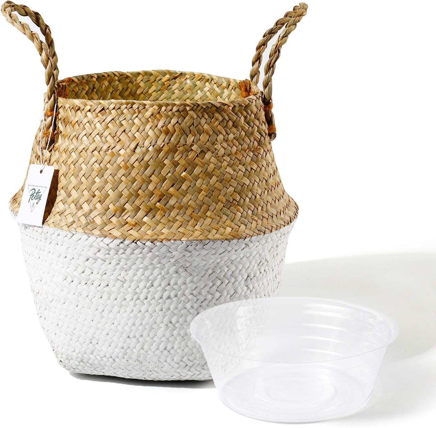POTEY 710201 Seagrass Plant Basket - Hand Woven Belly Basket with Handles, Middle Storage Laundry, Picnic, Plant Pot Cover, Home Decor and Woven Straw Beach Bag (Middle, Original+White)