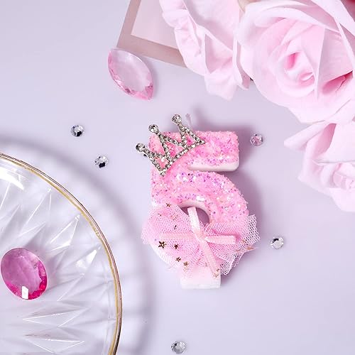 Miniatura 3 de Velas de número de cumpleaños, velas de malla con lazo de corona de 2.95 pulgadas, velas de números rosas con purpurina, velas de cumpleaños con
