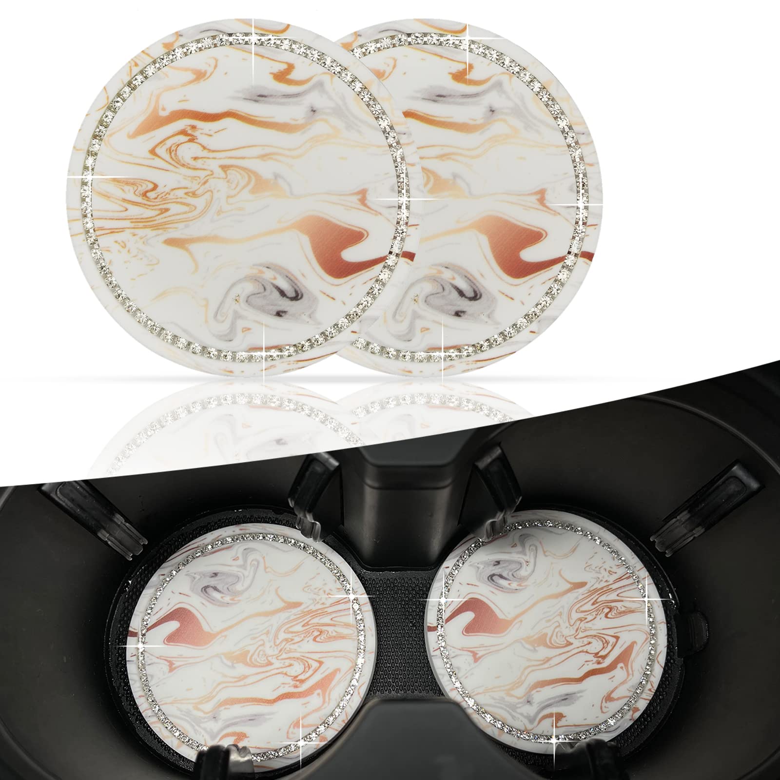 2PCS Car Cup Holder Coaster, 2.75Inch Marble Pattern Bling Non-Slip Coaster, Universal Car Interior Trim Accessories, Suitable for Decorating Most Cars (White)