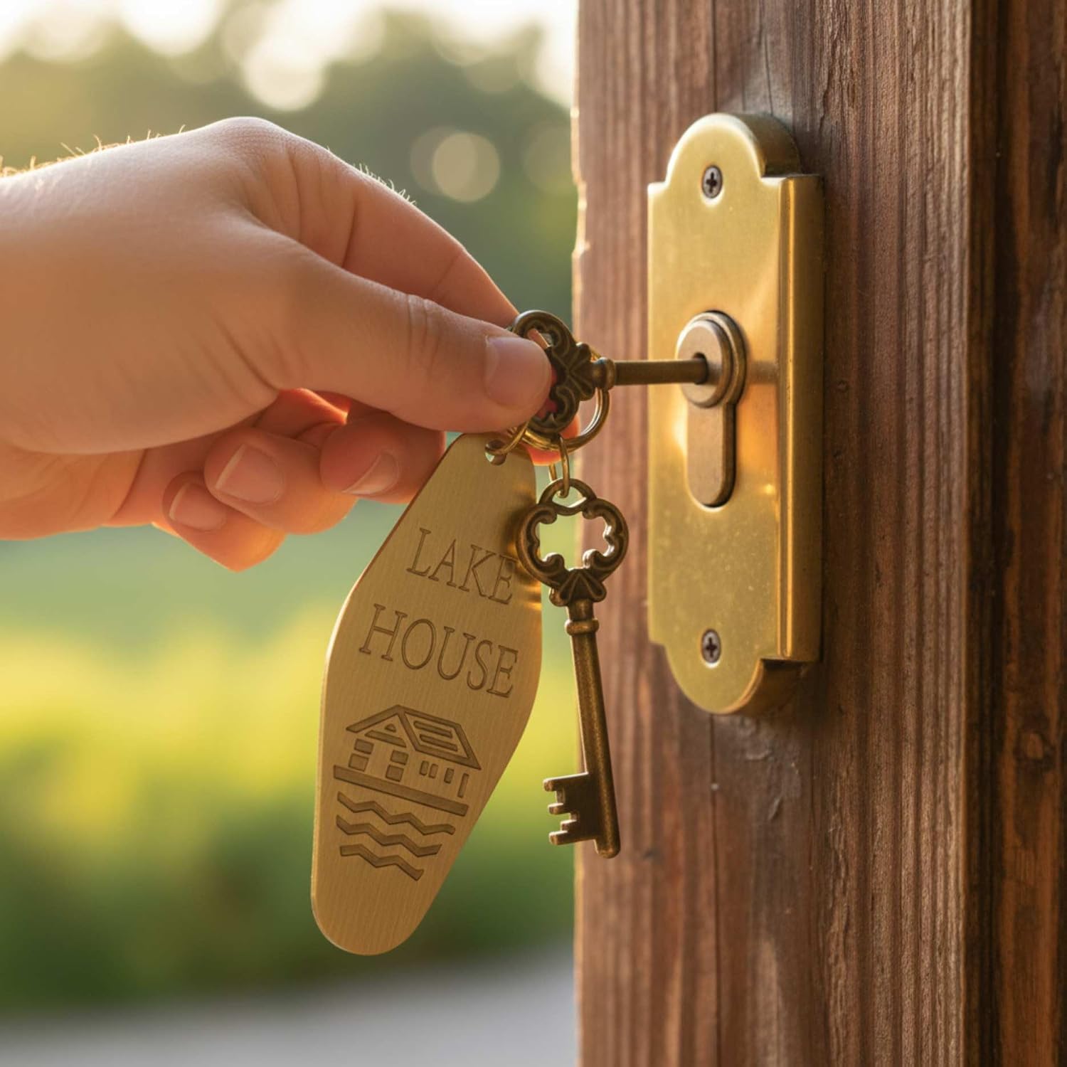 Vintage Solid Brass Keychain – Retro Lake House Tag – 85mm Durable Brass Key Ring for Keys